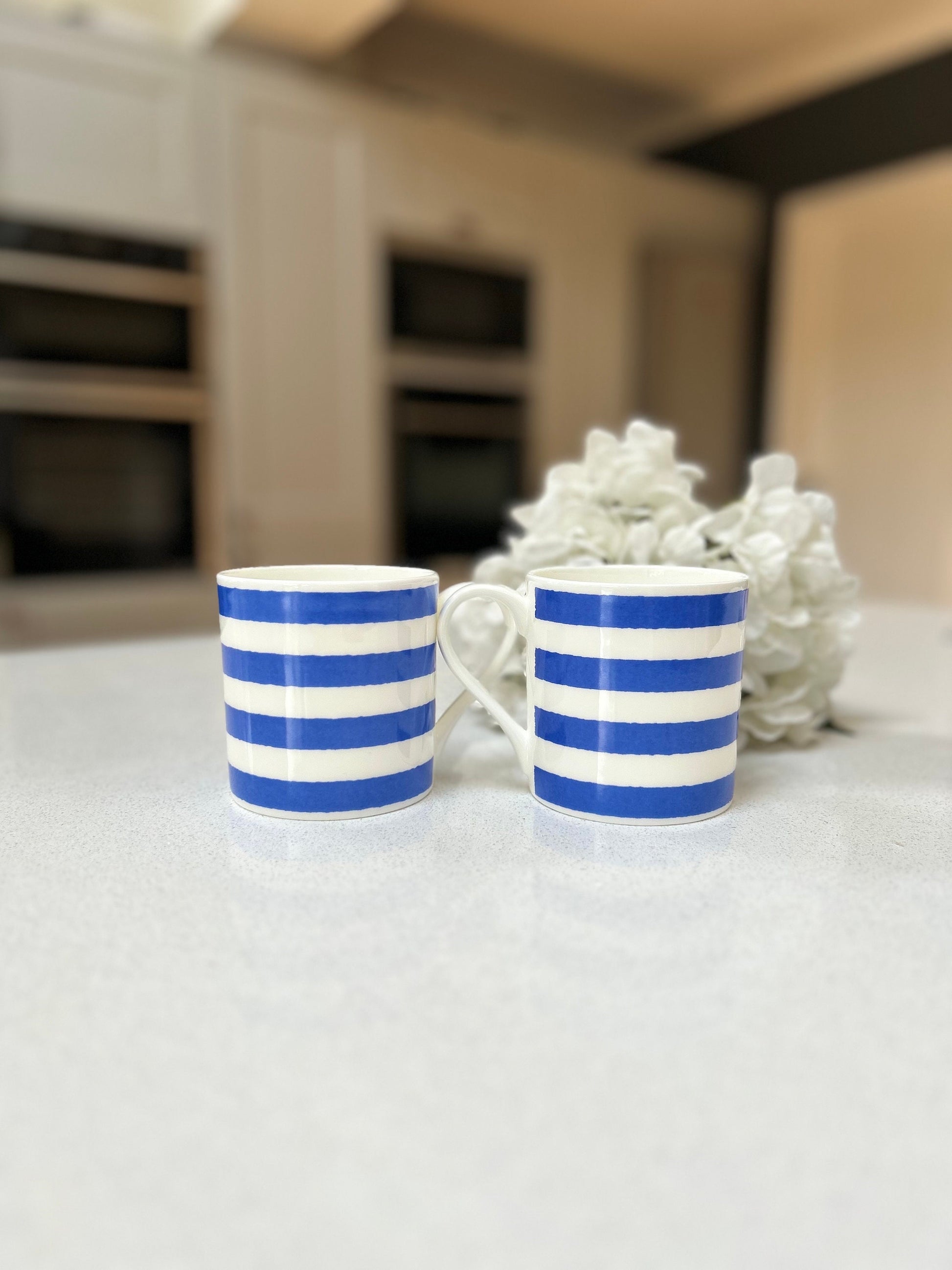 Horizontal Blue Stripe 6 Mug Set - 12oz Fine Bone China Cup
