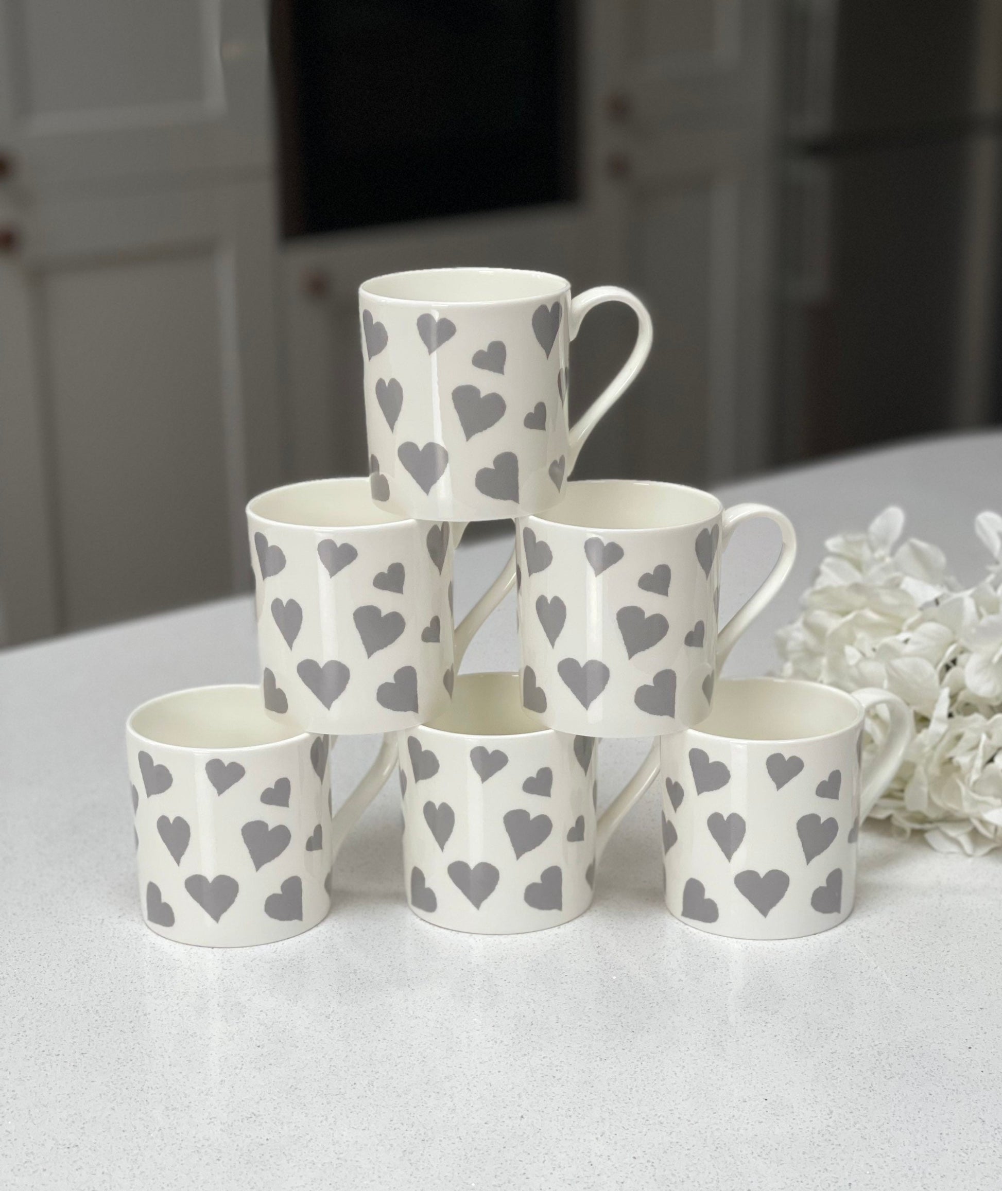 Set of 6 Grey Love Heart Fine Bone China Mugs