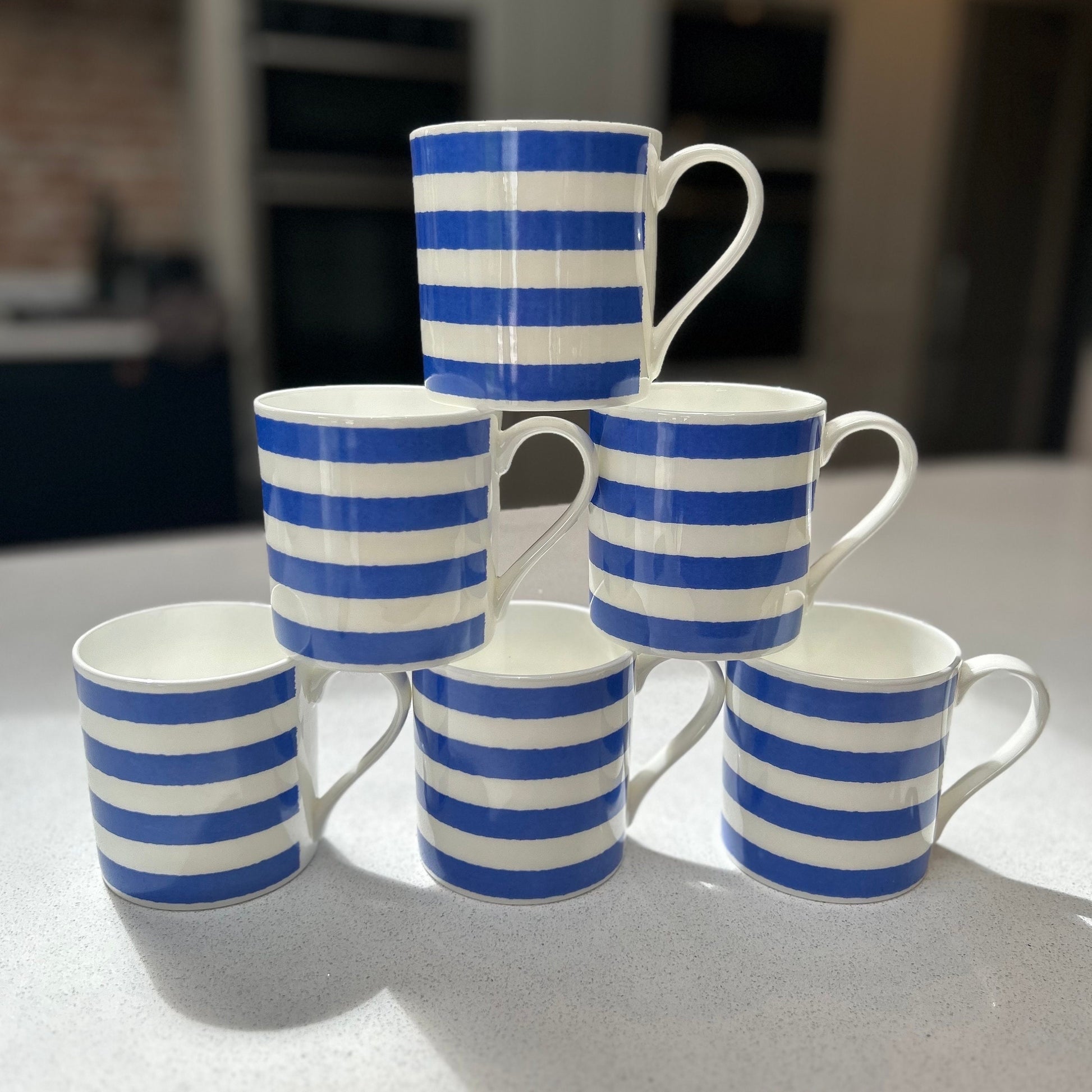 Horizontal Blue Stripe 6 Mug Set - 12oz Fine Bone China Cup