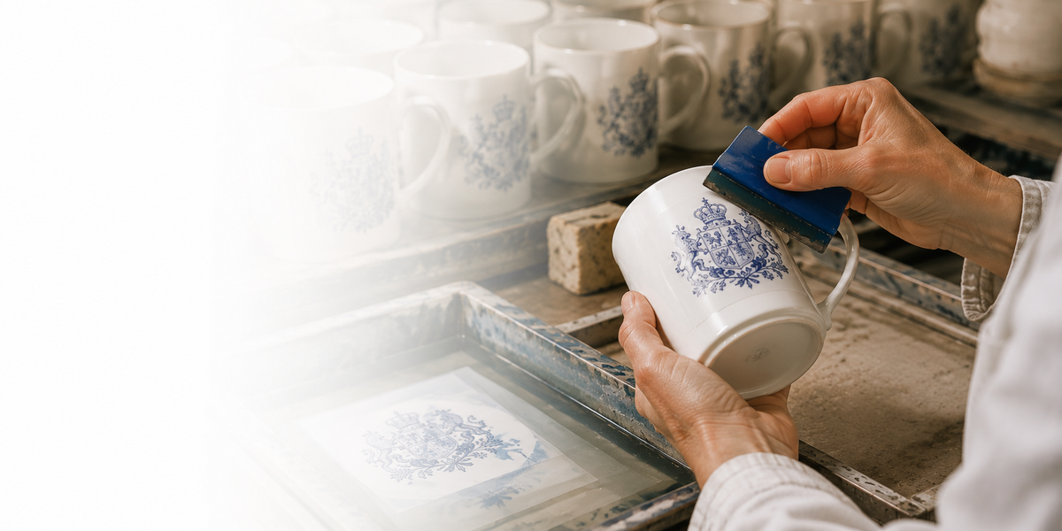 Ceramic transfers being applied by hand
