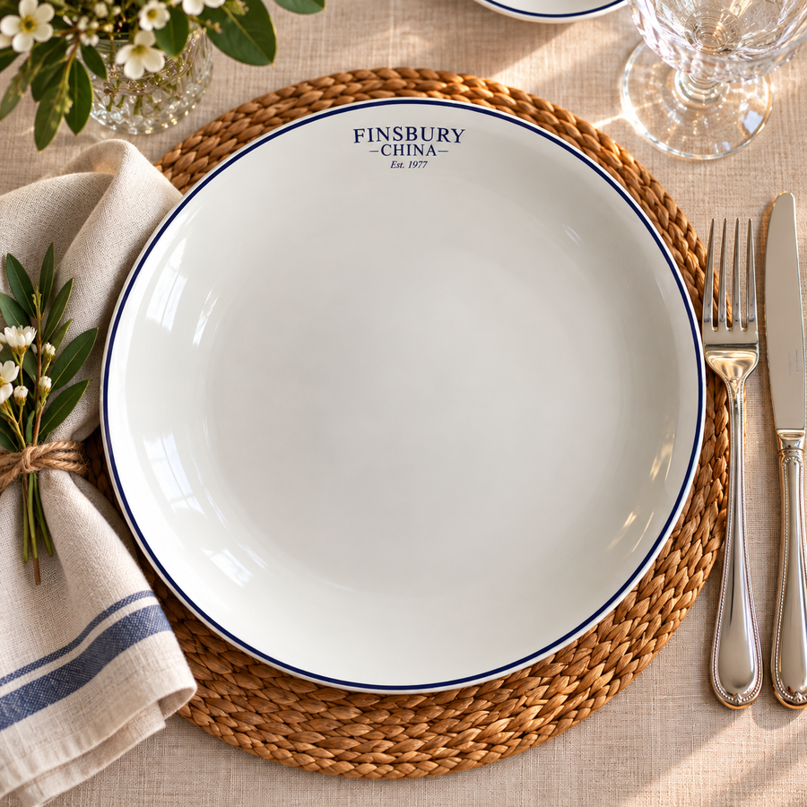Example bespoke fine bone china plate with a logo and fine navy edge line