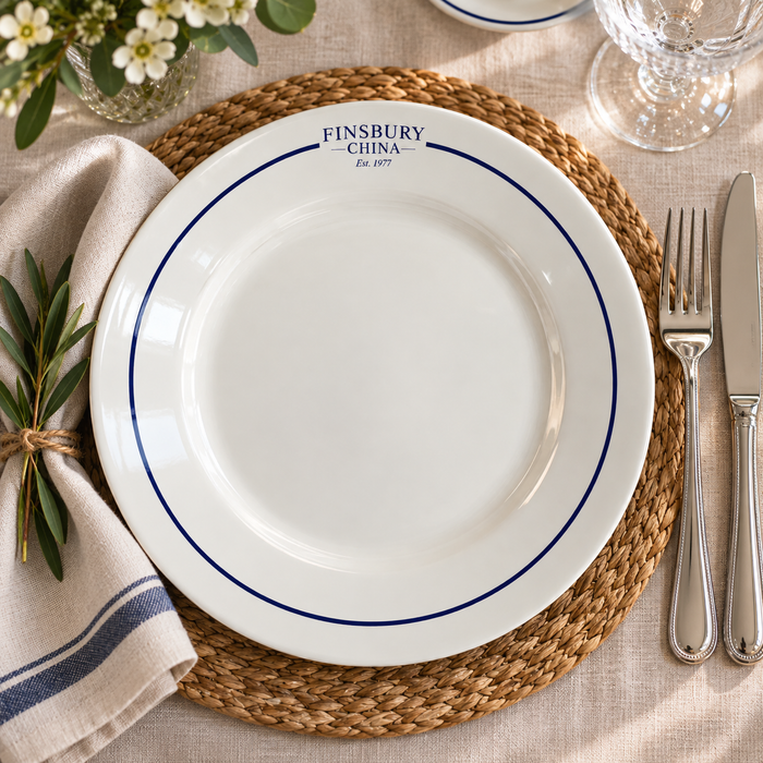 Example bespoke fine bone china plate with a logo set into a navy rim band