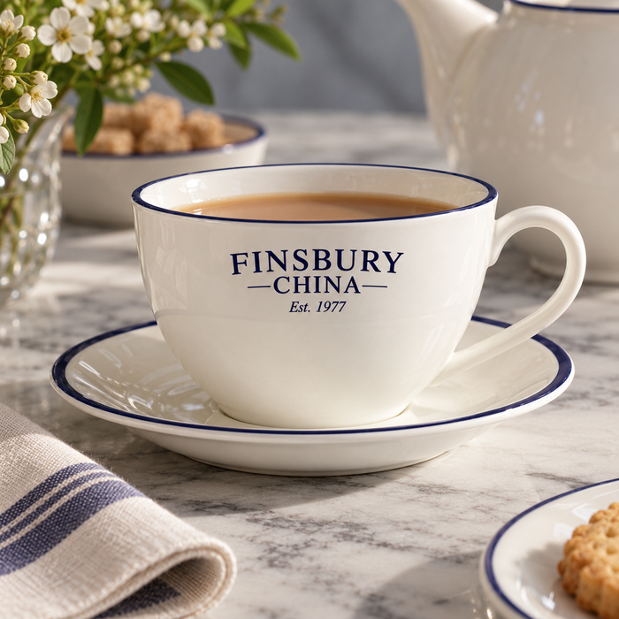 Example bespoke fine bone china teacup and saucer with a logo and navy edge line