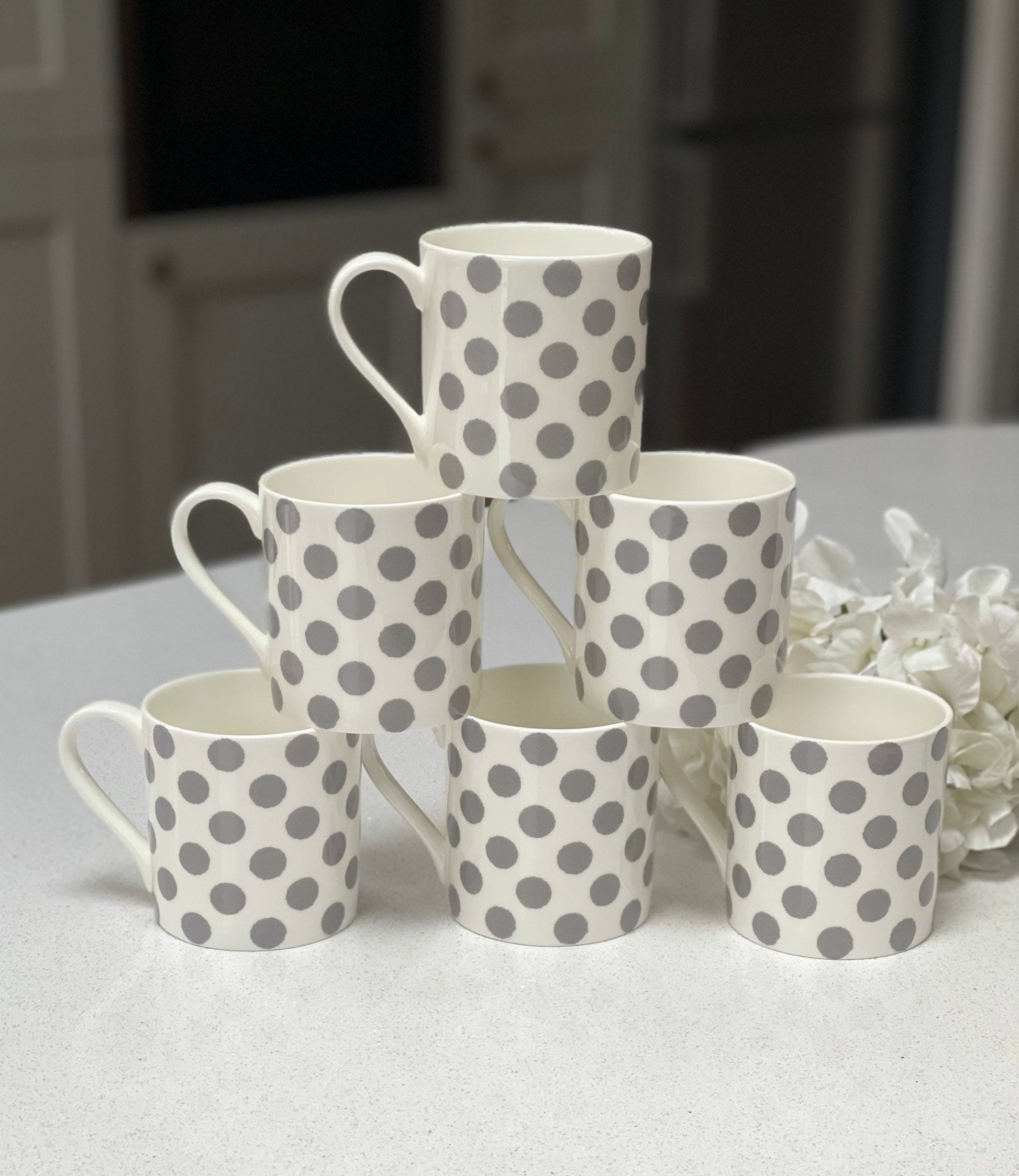 Set of 6 Fine Bone China 12oz Grey Spot Mugs