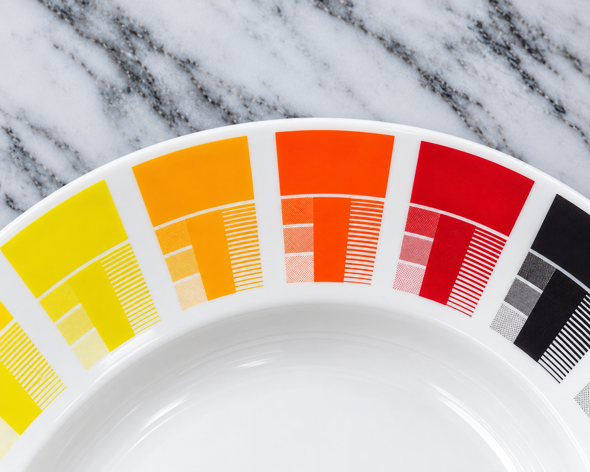 Fired colour samples. Each colour shown as a solid, as halftone tints and as fine lines, so you can see how it behaves once fired.