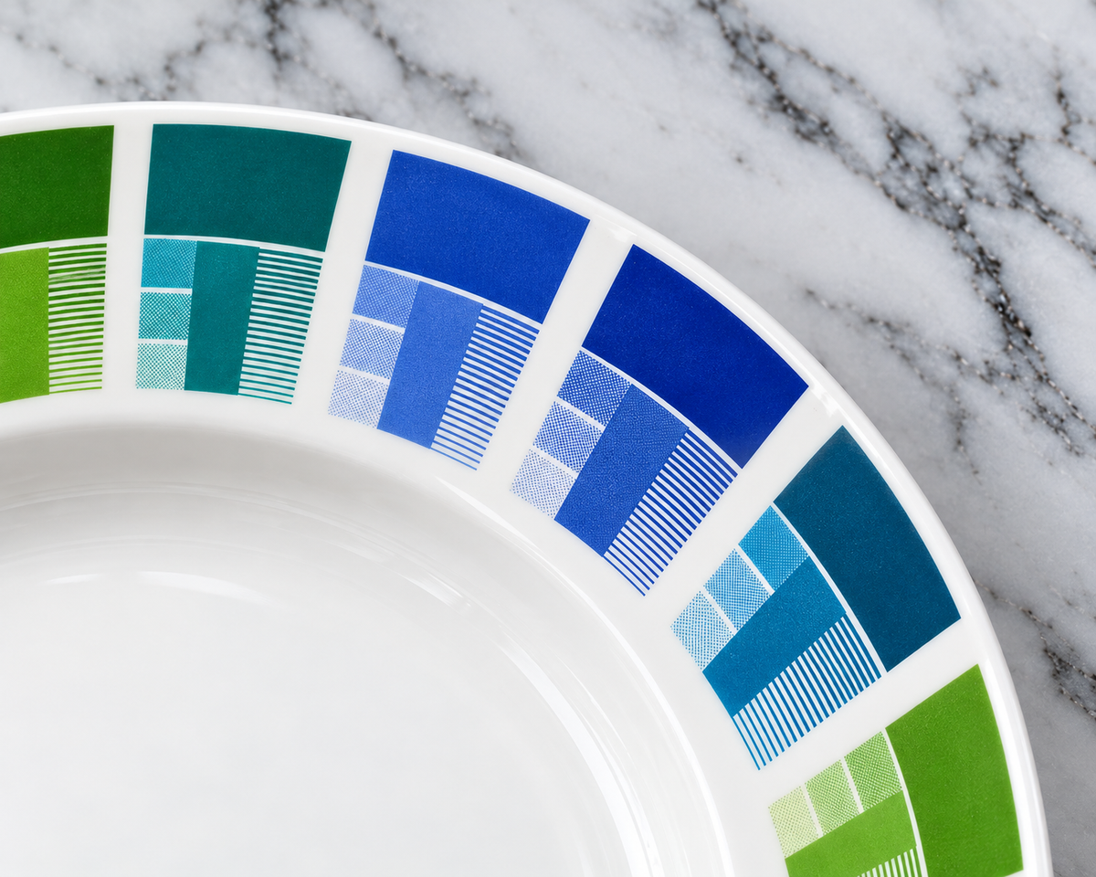 Every colour is mixed by hand, so the same layout lets us check strength, tints and detail before it goes on your ware.