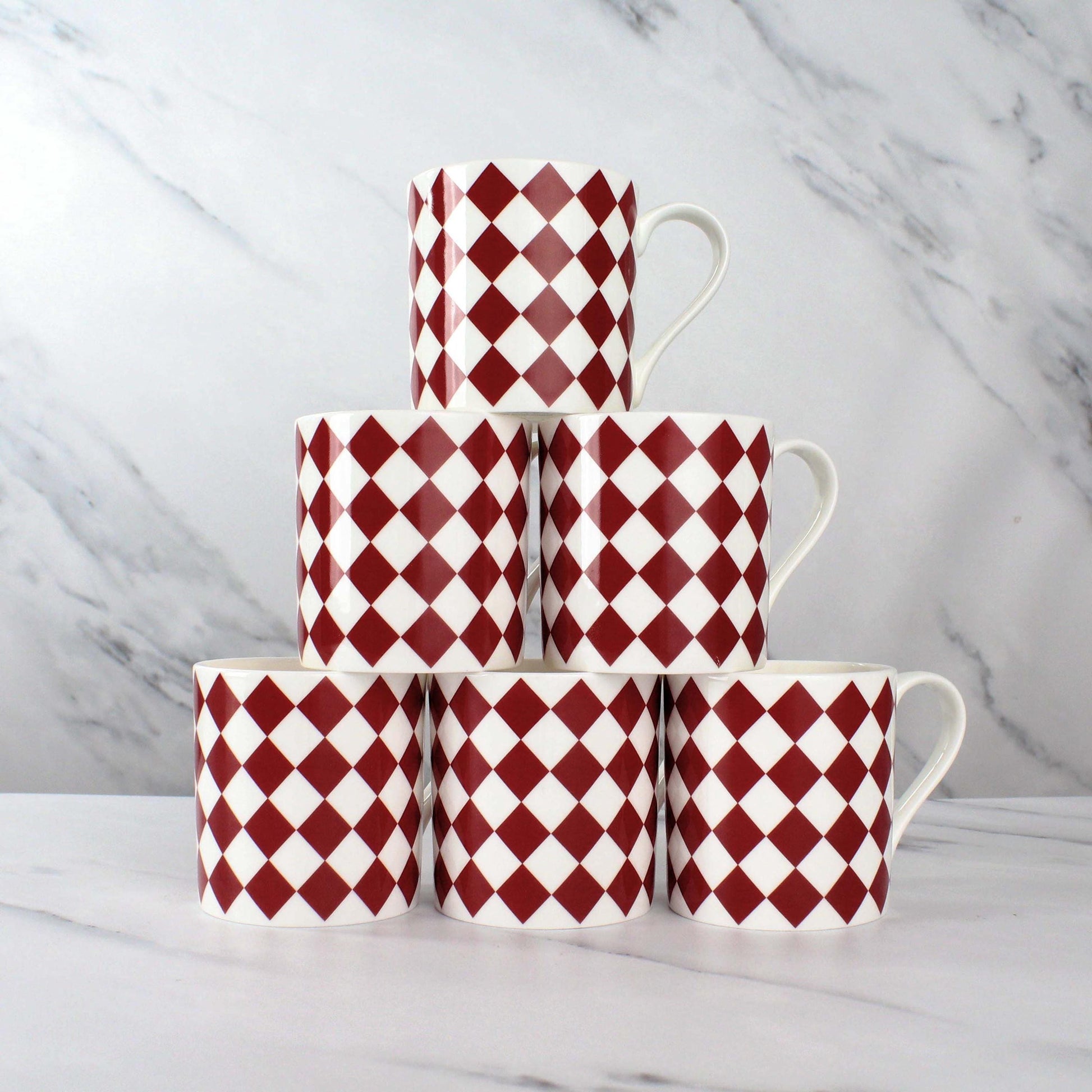 12oz Fine Bone China 6 Mug Set Harlequin Wraparound Design Mugs in Burgundy