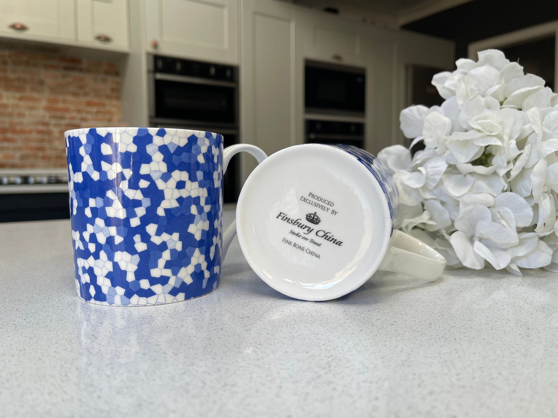 Set of 6 12oz Fine Bone China Mug Set in a Blue Honeycomb Design