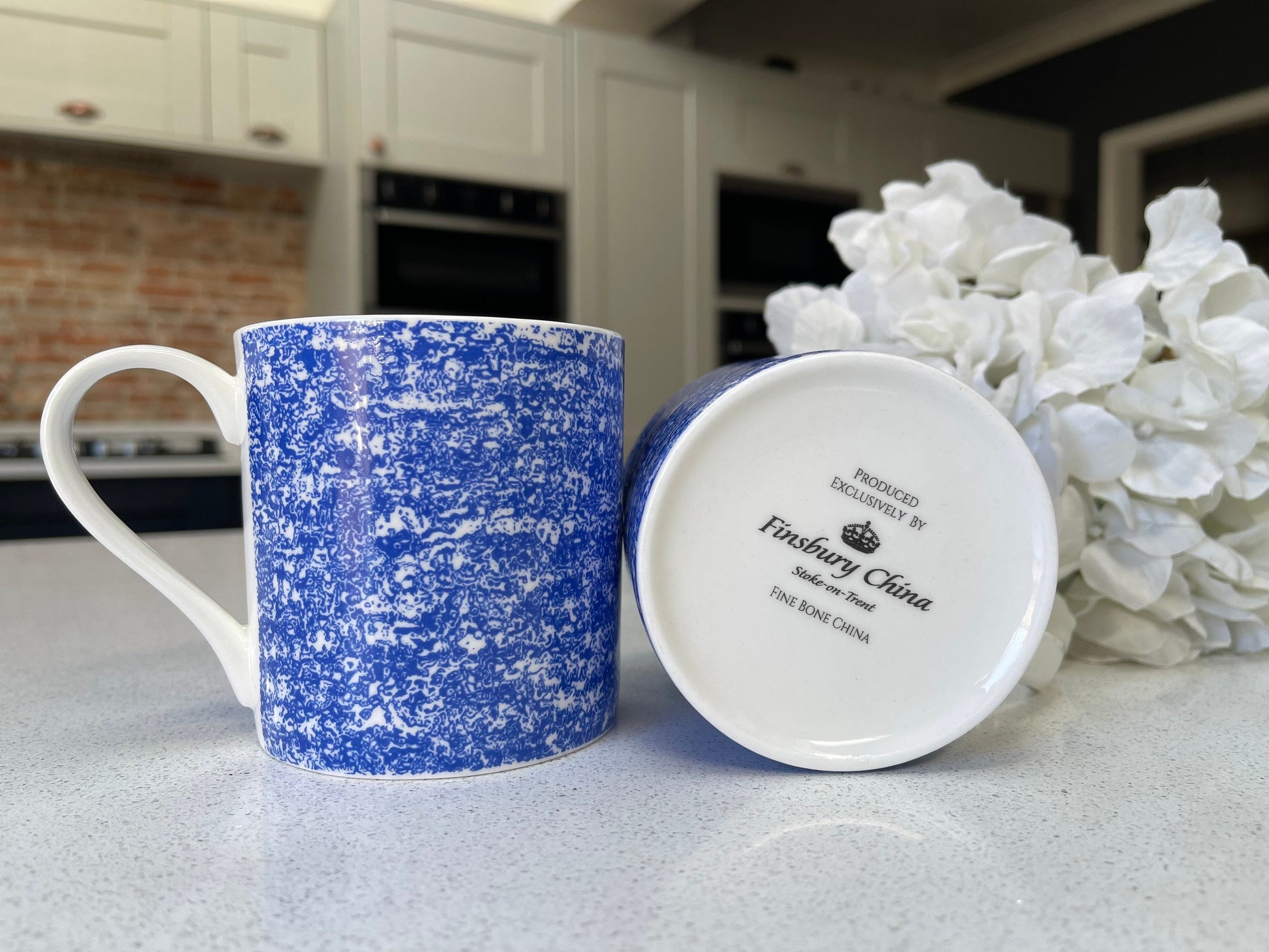 Set of 6 12oz Fine Bone China Blue pixelated Mug Set