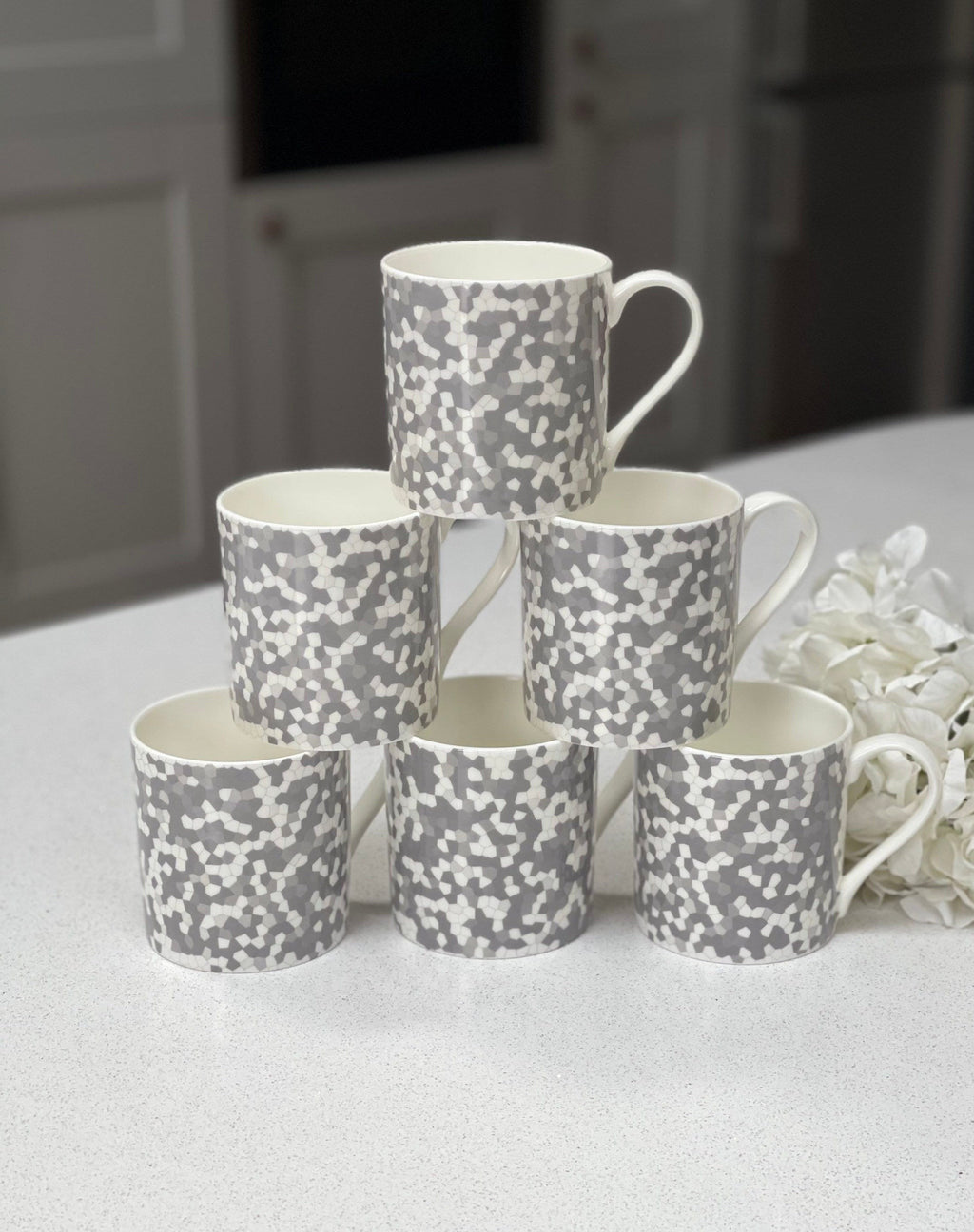 Set of 6 Grey Design 12oz Fine Bone China Mugs