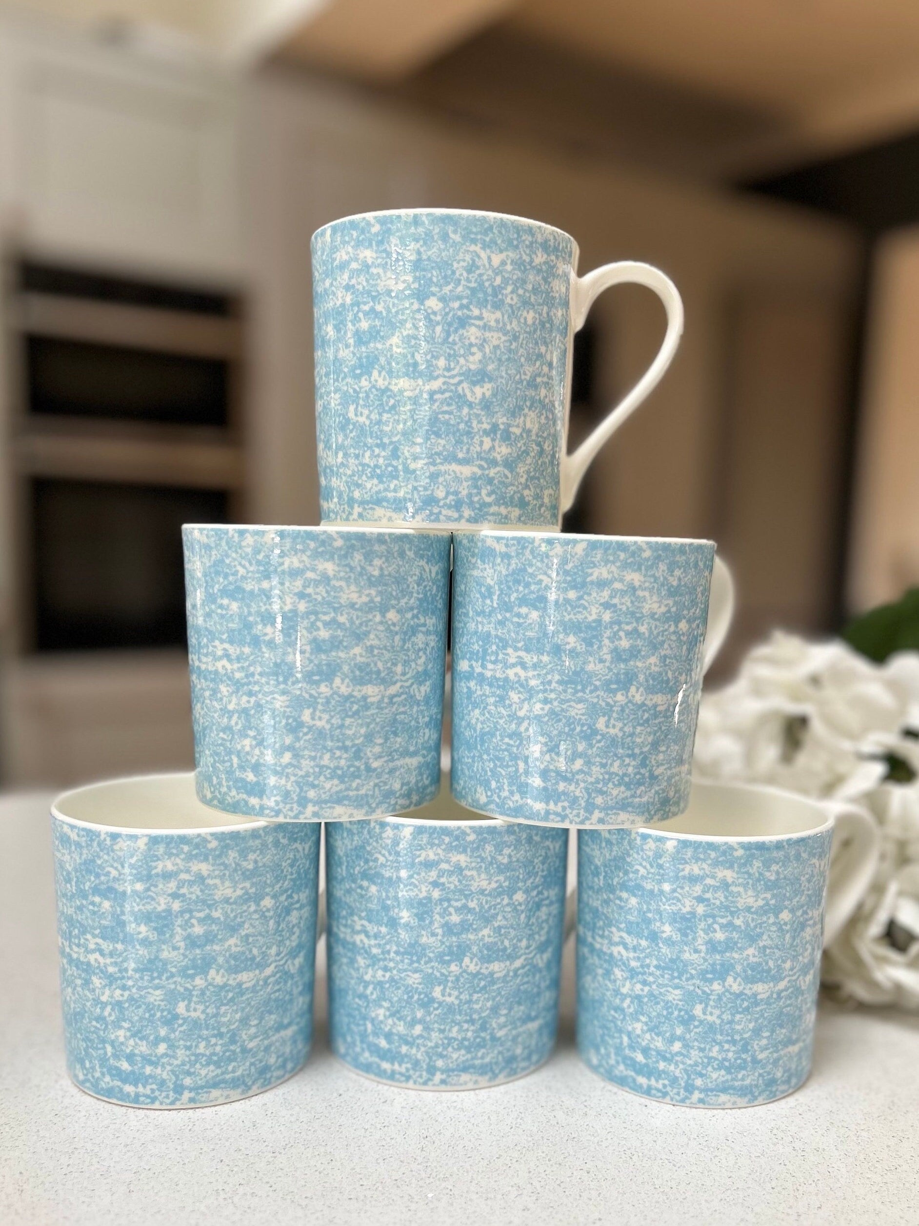 12oz Fine Bone China 6 Mug Set with a Light Blue Wraparound Design