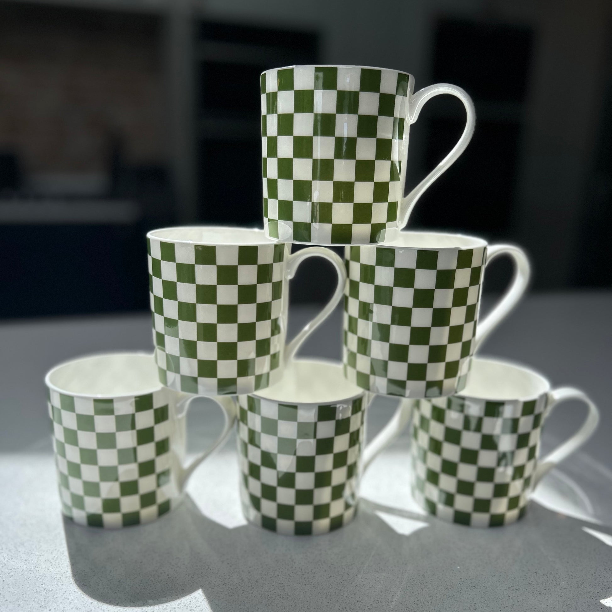 Green Checkerboard 6 Mug Set - 12oz Fine Bone China Cup