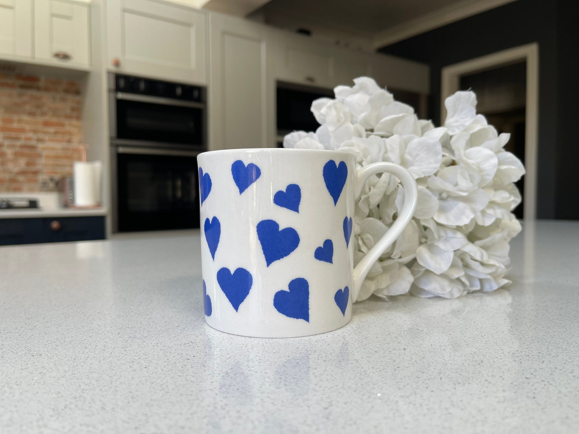 Set of 6 12oz Fine Bone China Blue Heart Mug Set