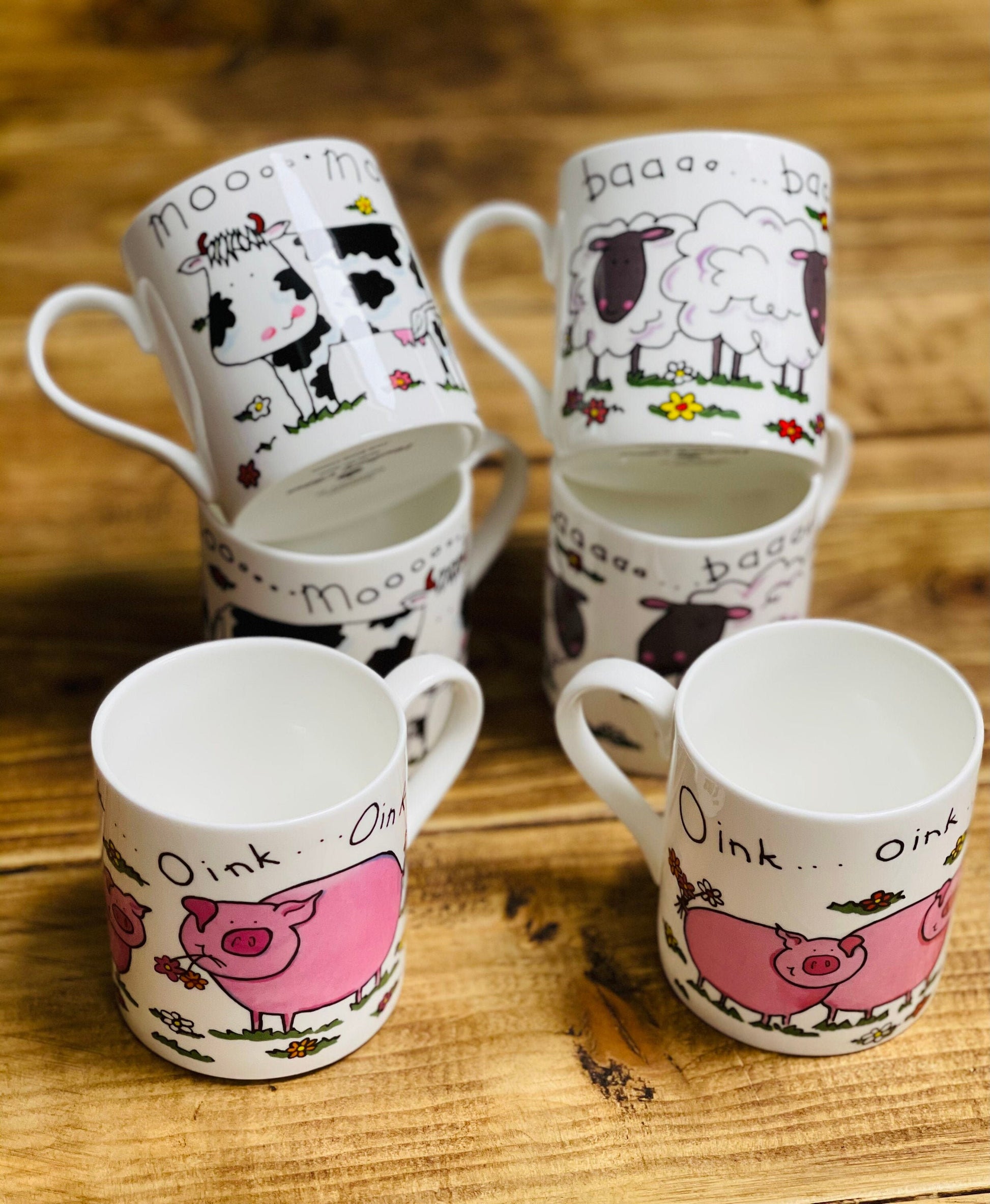 Cartoon Farmyard Animals 6 Mug set.  Hand decorated on a fine bone china 8oz mug