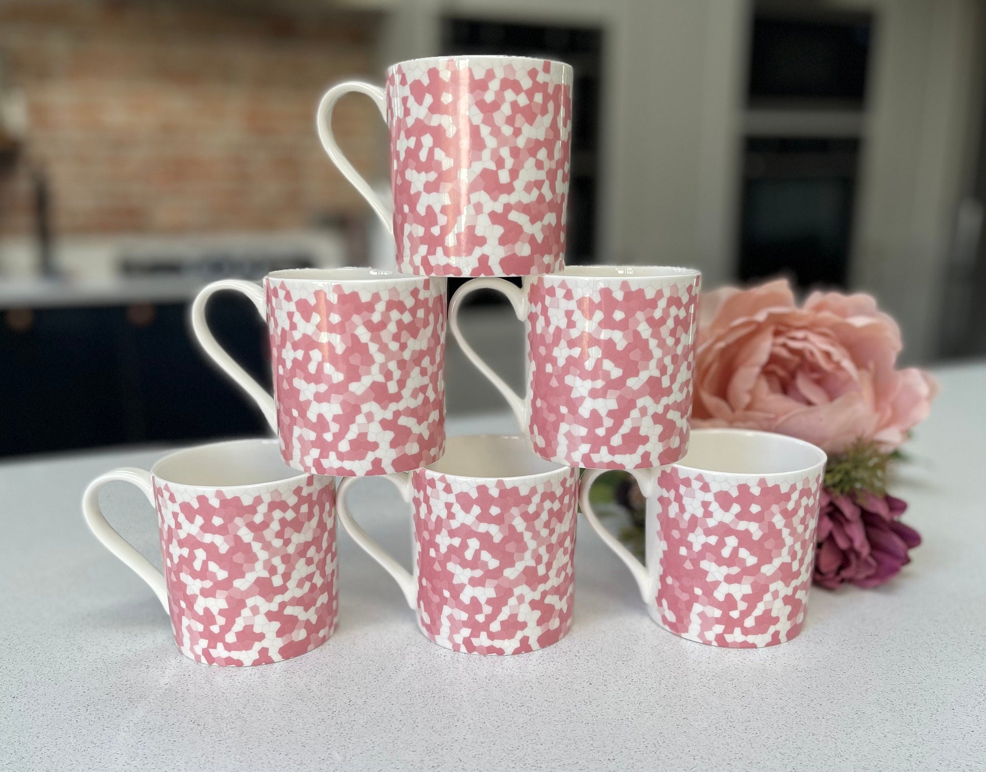 Set of 6 Fine Bone China Geometric Pink mug set