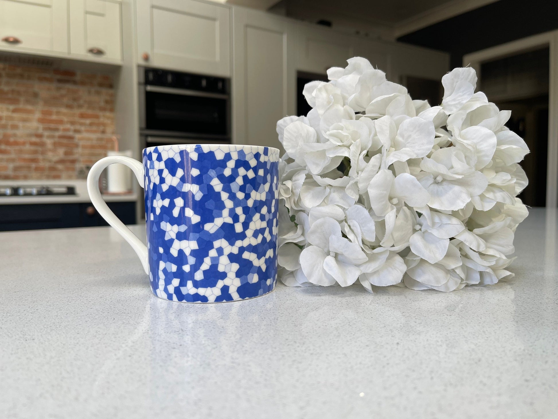 Set of 6 12oz Fine Bone China Mug Set in a Blue Honeycomb Design