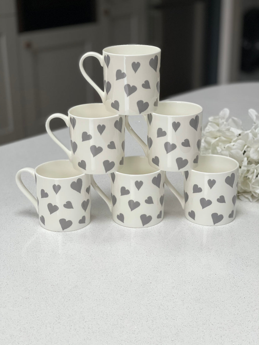 Set of 6 Grey Love Heart Fine Bone China Mugs