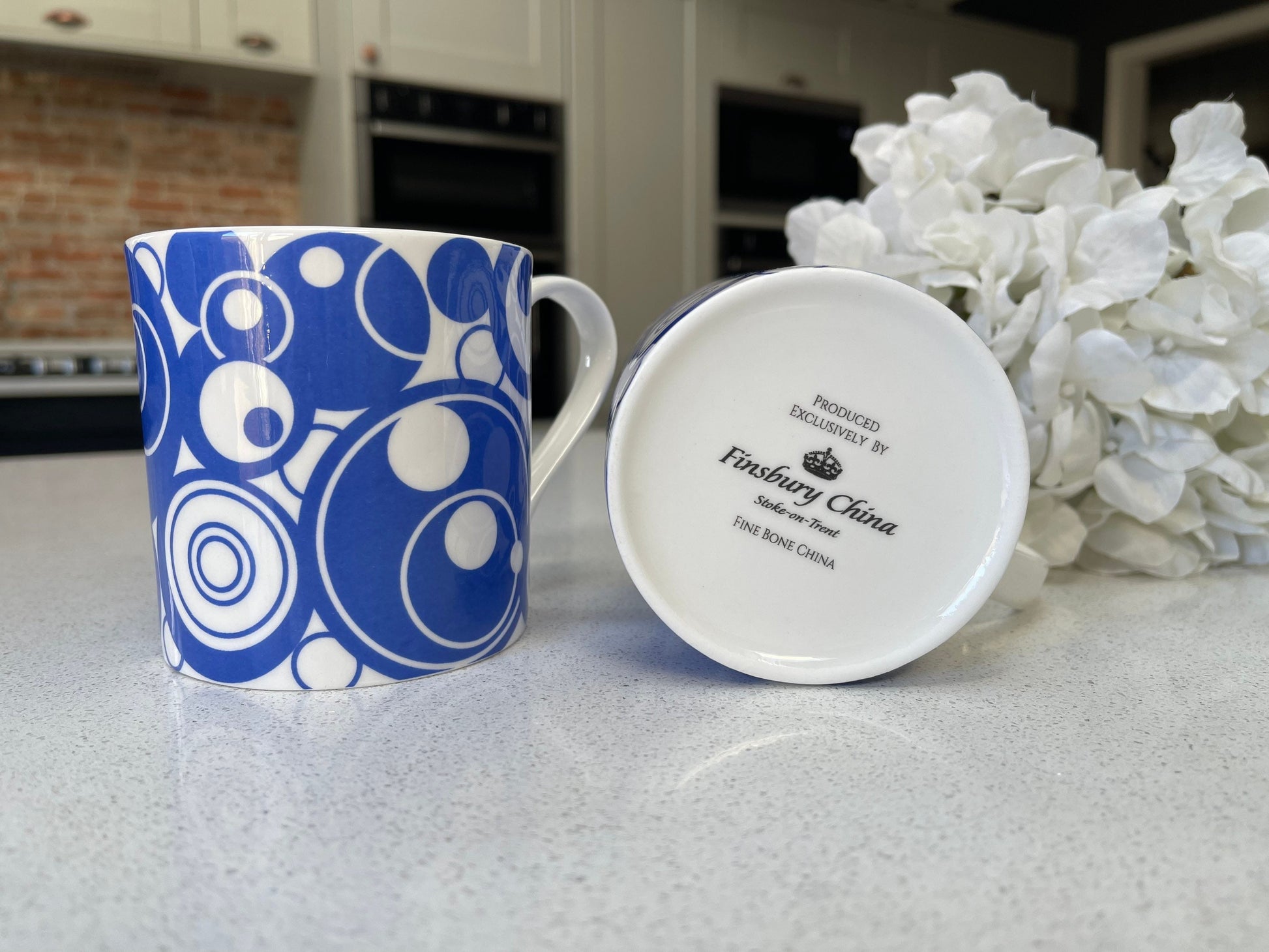 Set of 6 12oz Fine Bone China Blue Circles Mug Set