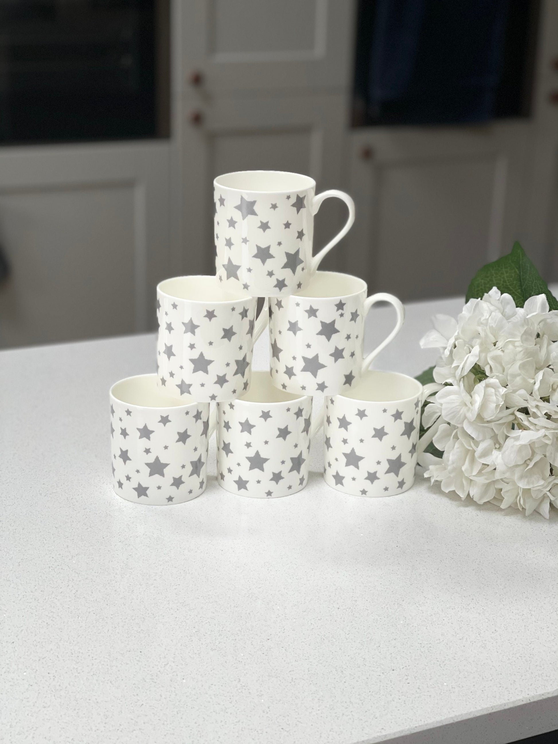 Fine Bone China 12oz 6 Mug Set with a wraparound grey star design