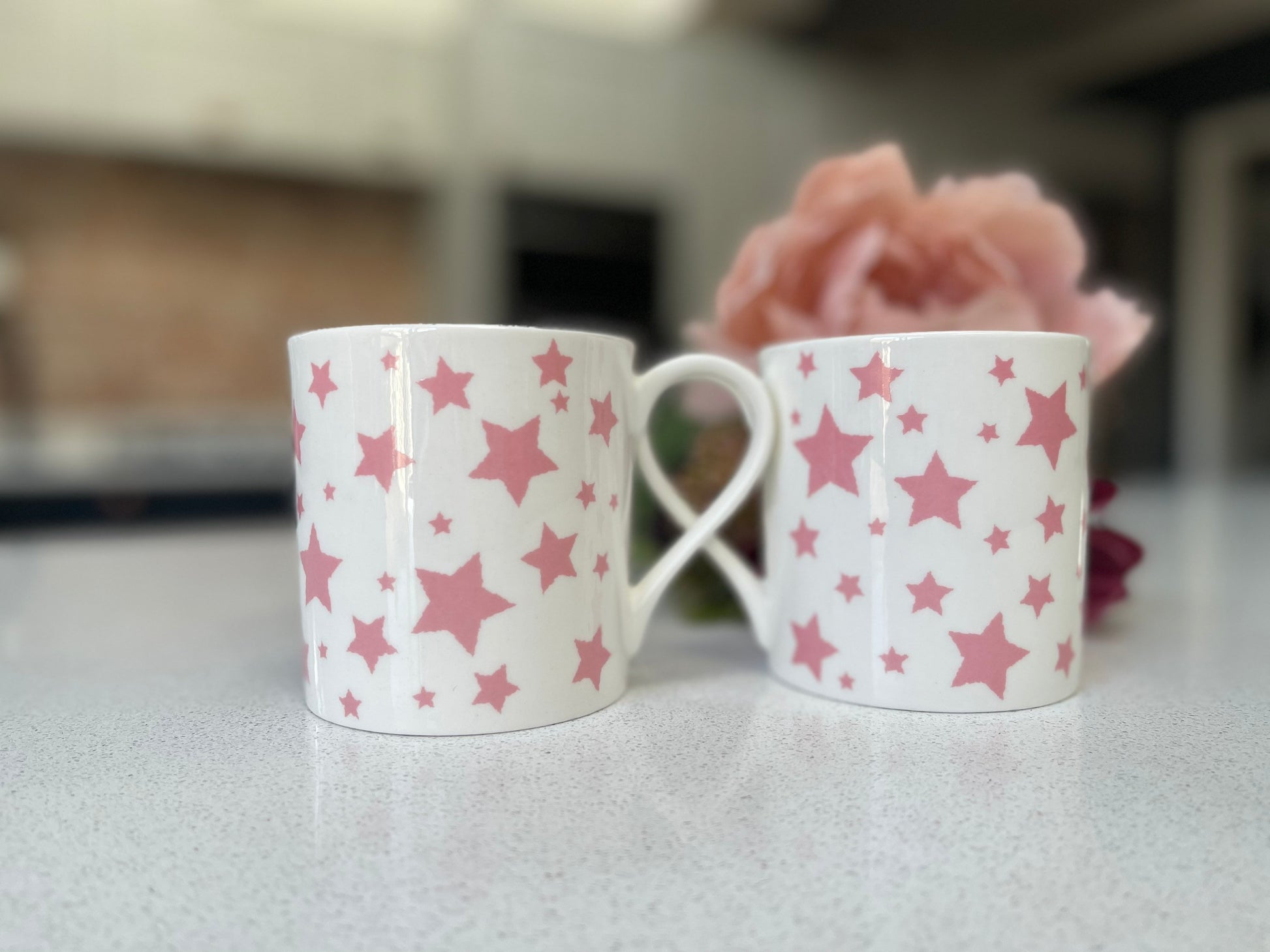Set of 6 Fine Bone China Pink Star Mug Set