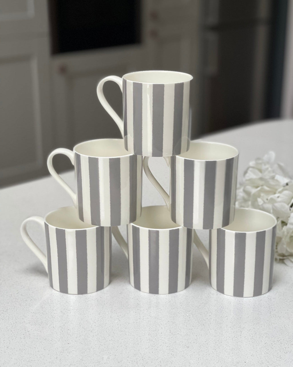 Set of 6 Fine Bone China Vertical Stripe Grey Mugs