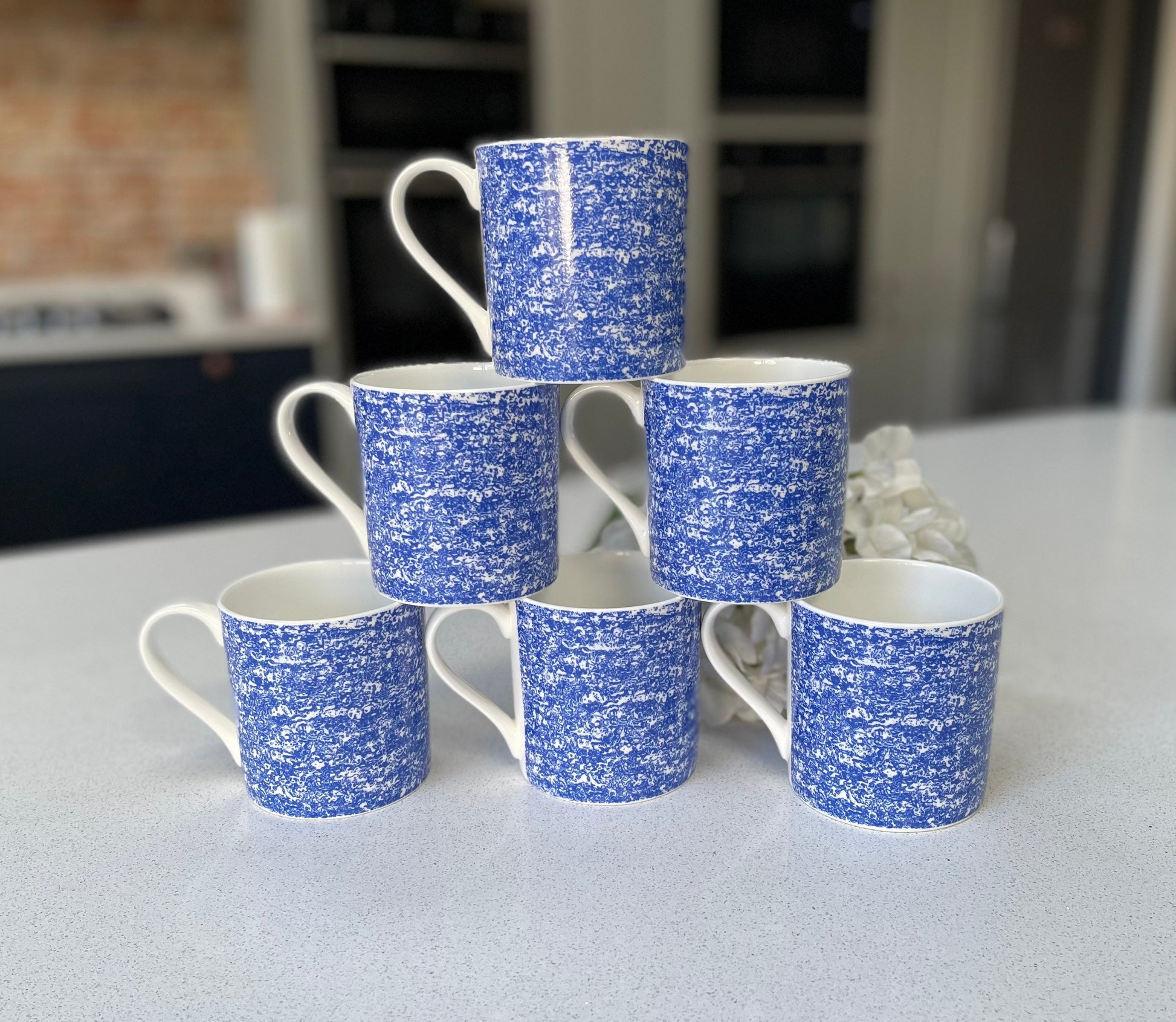 Set of 6 12oz Fine Bone China Blue pixelated Mug Set