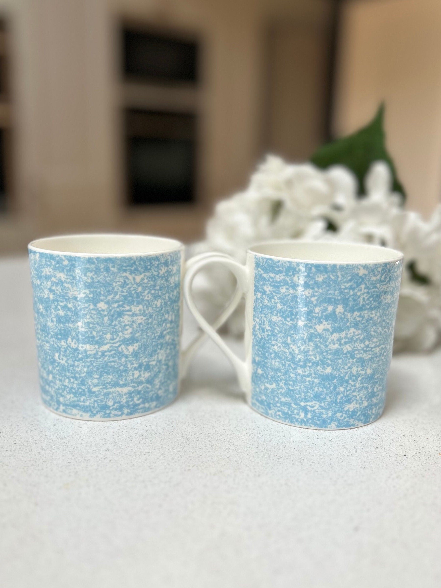 12oz Fine Bone China 6 Mug Set with a Light Blue Wraparound Design