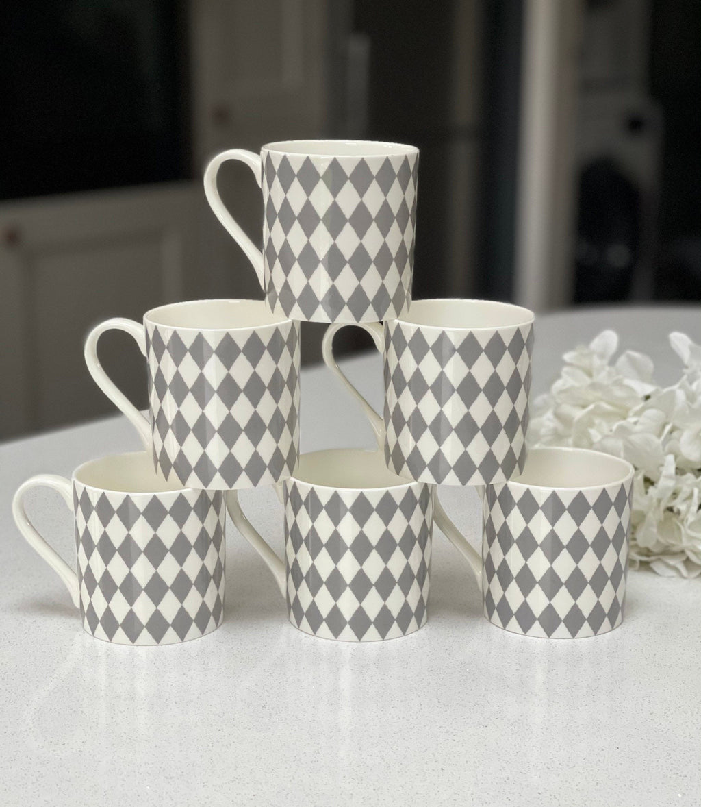 Set of 6 Fine Bone China Harlequin Wraparound Design Mugs