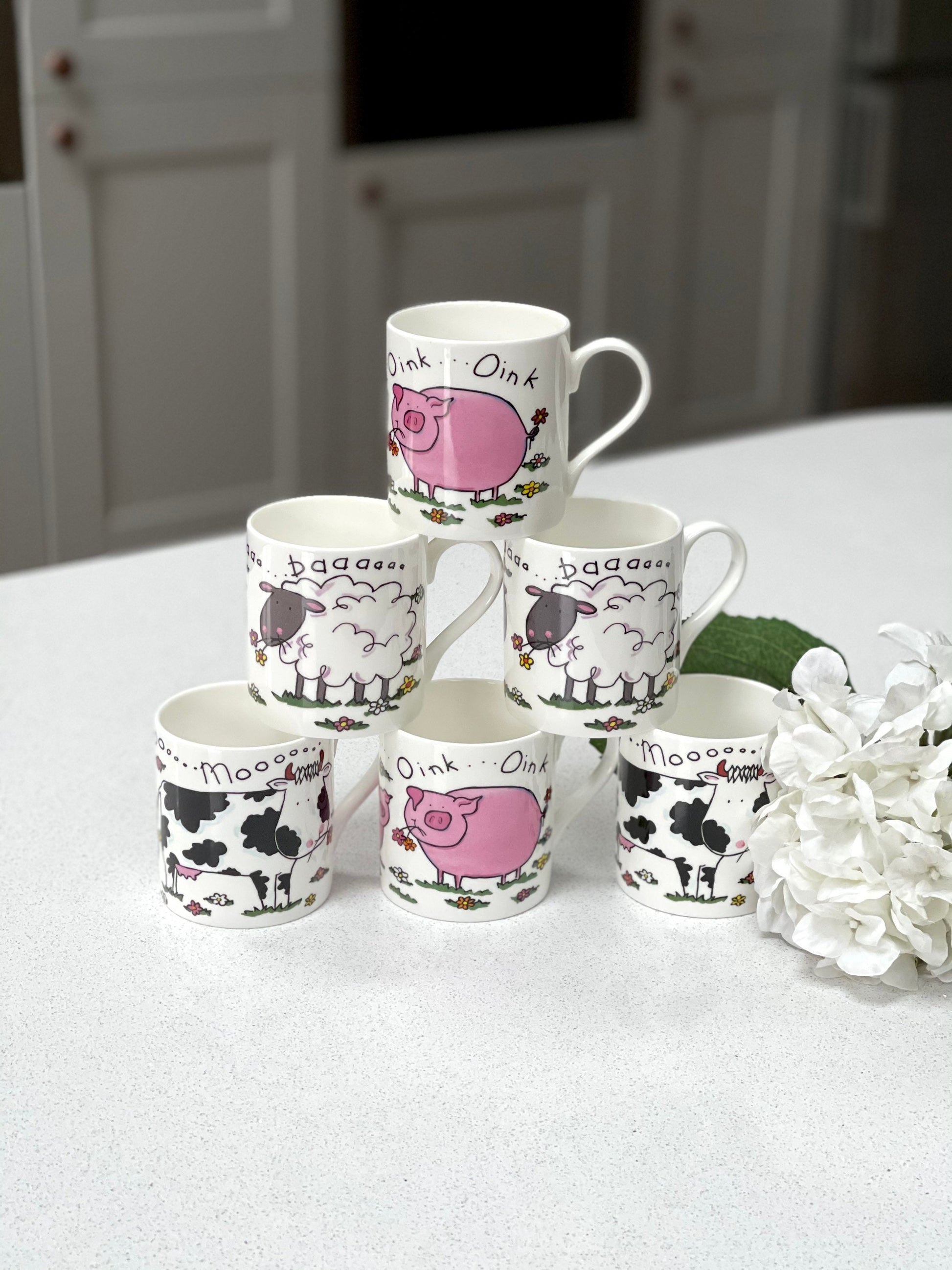 Cartoon Farmyard Animals 6 Mug set.  Hand decorated on a fine bone china 8oz mug