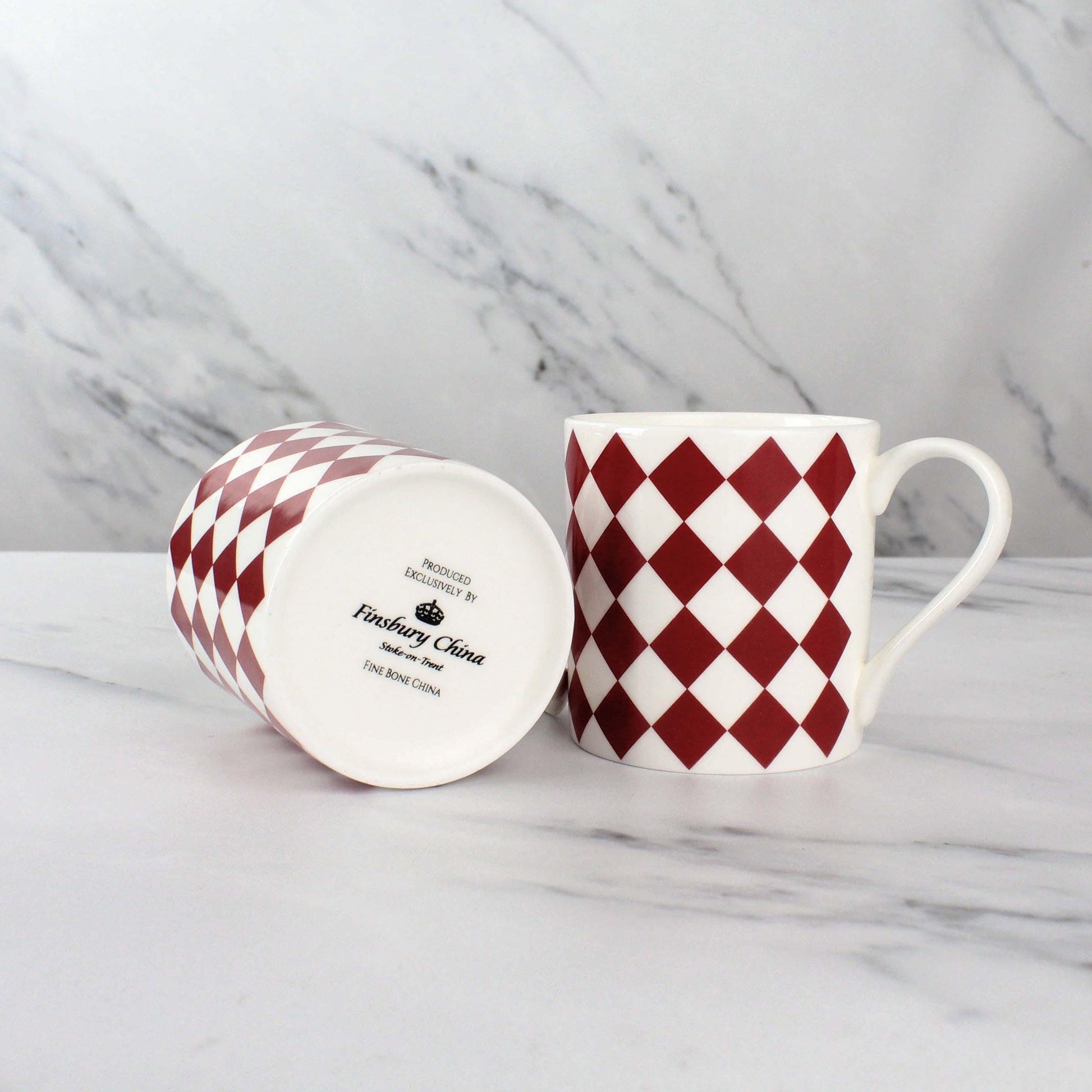 12oz Fine Bone China 6 Mug Set Harlequin Wraparound Design Mugs in Burgundy