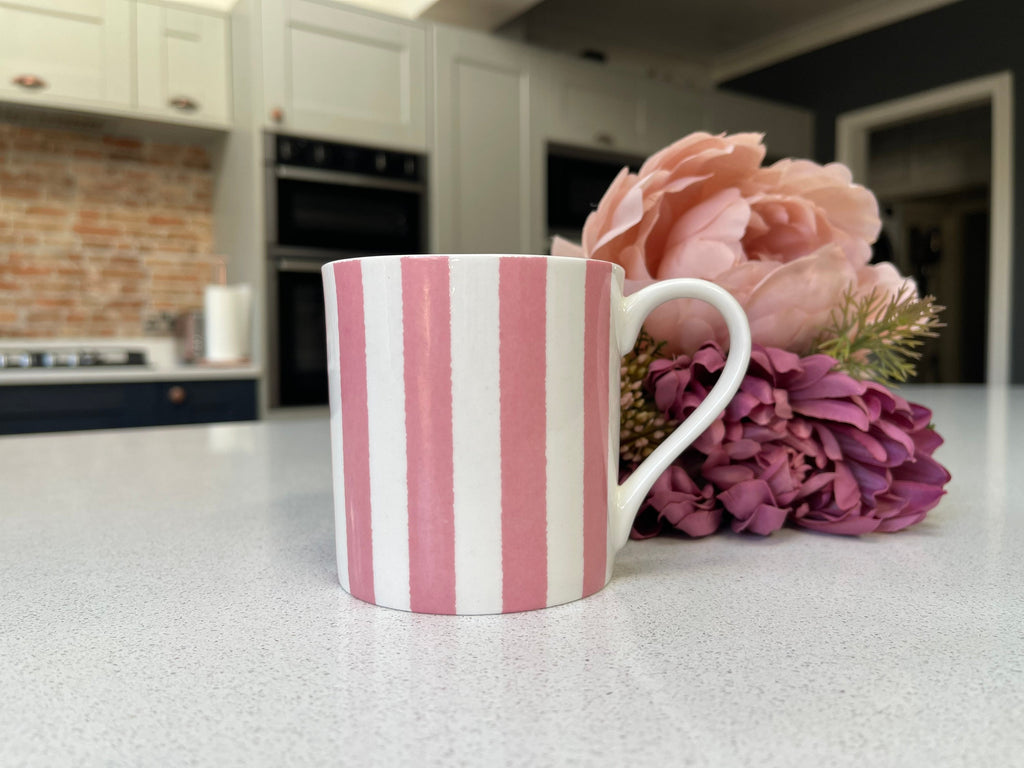 Set of 6 Fine Bone China Pink Vertical Stripe Mug Set