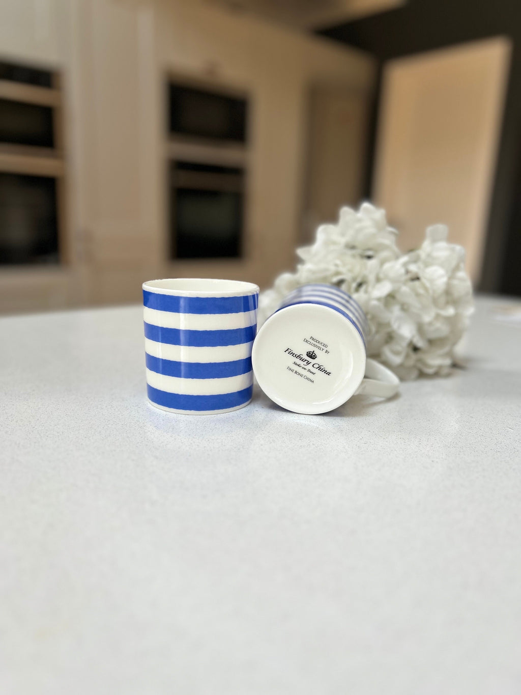 Horizontal Blue Stripe 6 Mug Set - 12oz Fine Bone China Cup