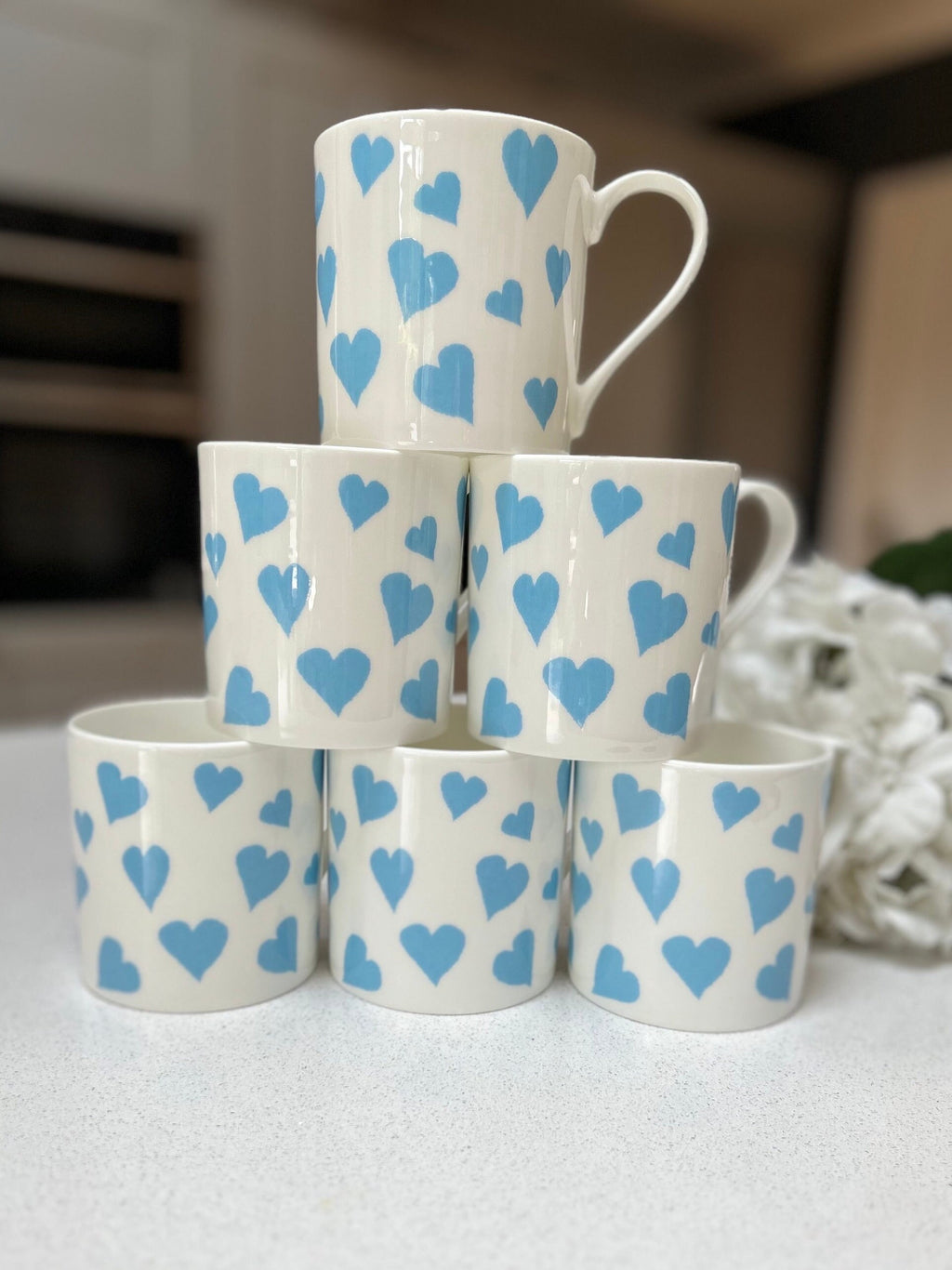Set of 6 12oz Fine Bone China Blue Heart Mug Set