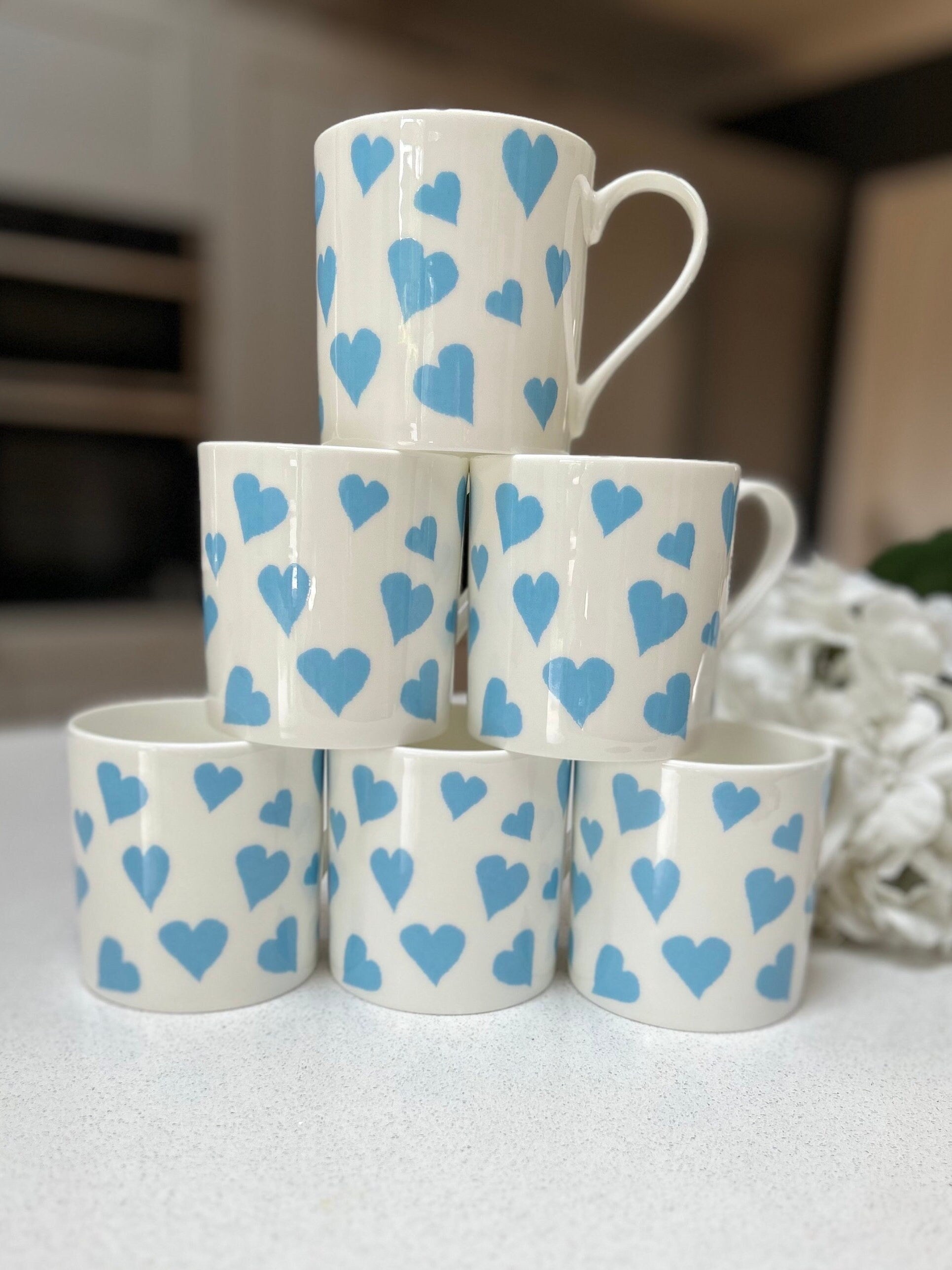 Set of 6 12oz Fine Bone China Blue Heart Mug Set