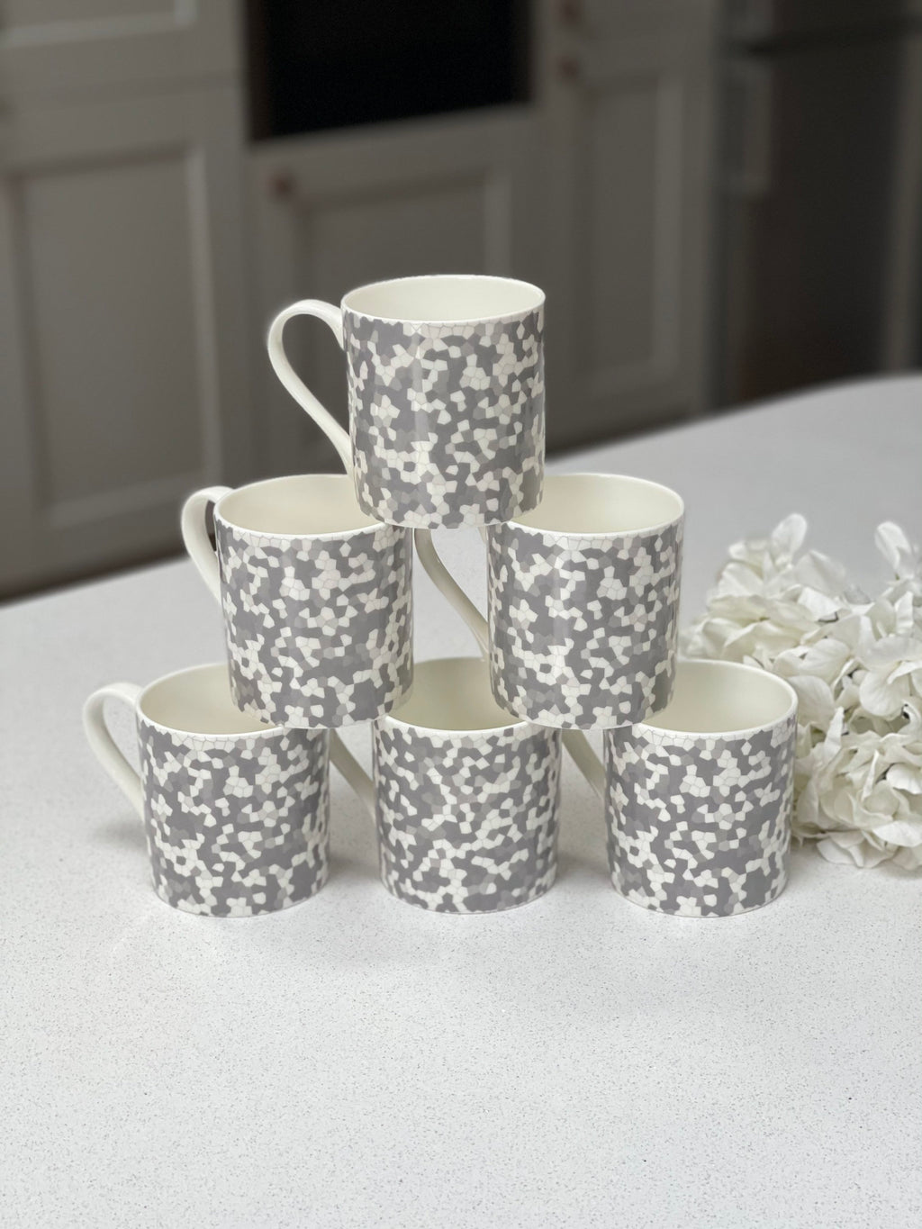 Set of 6 Grey Design 12oz Fine Bone China Mugs