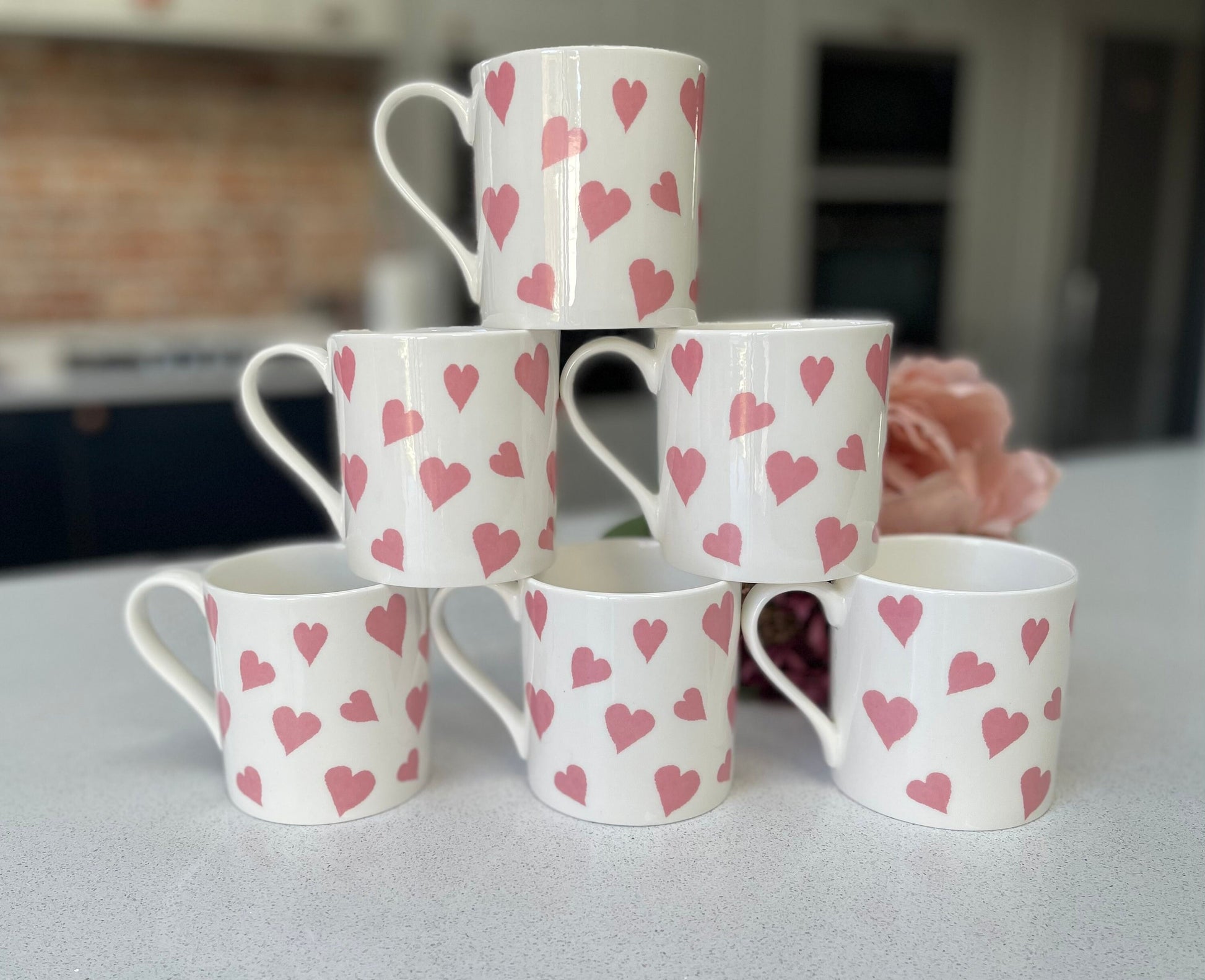 Set of 6 Fine Bone China Pink Hearts Mug Set