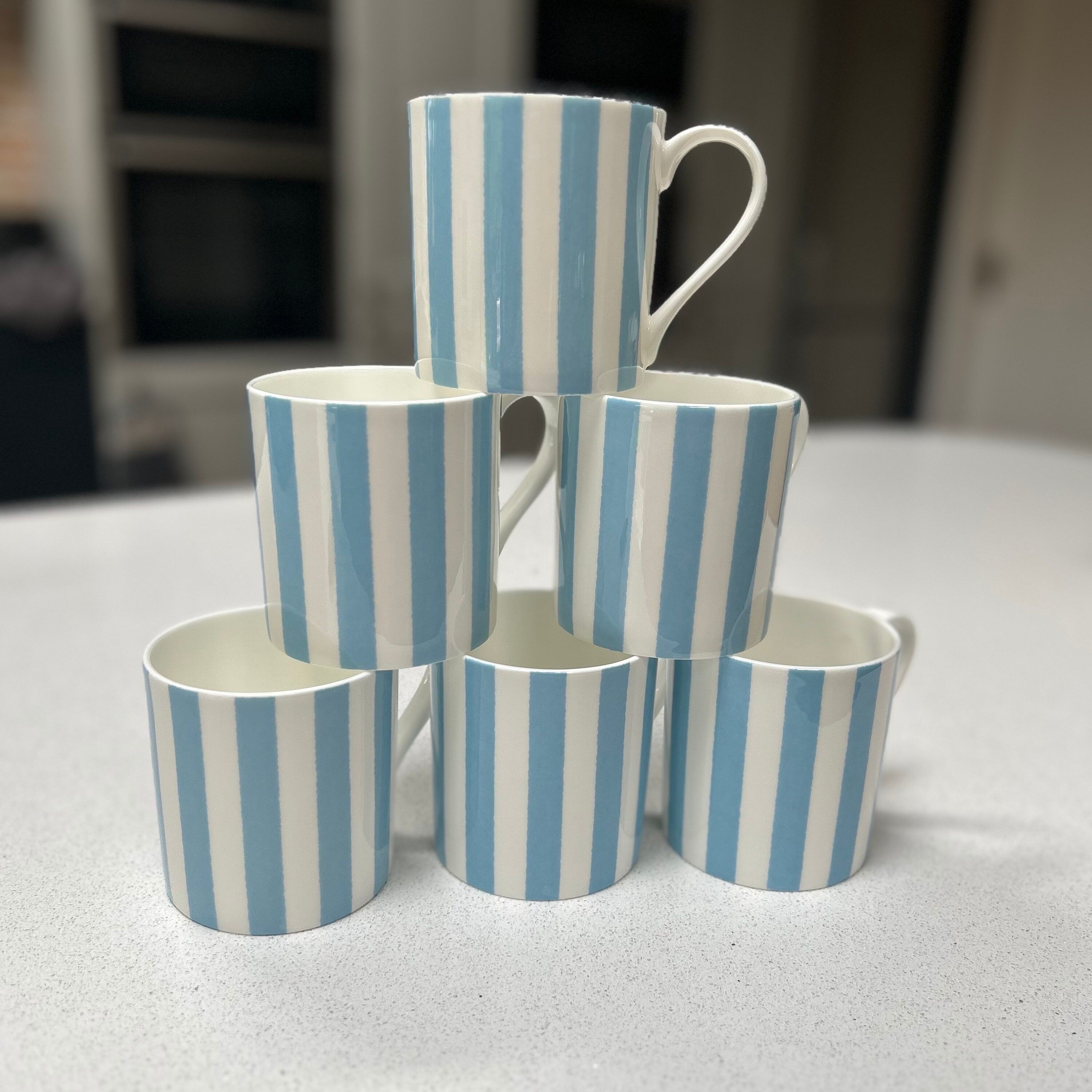 "Light Blue Vertical Stripes" 12oz Fine Bone China Mug