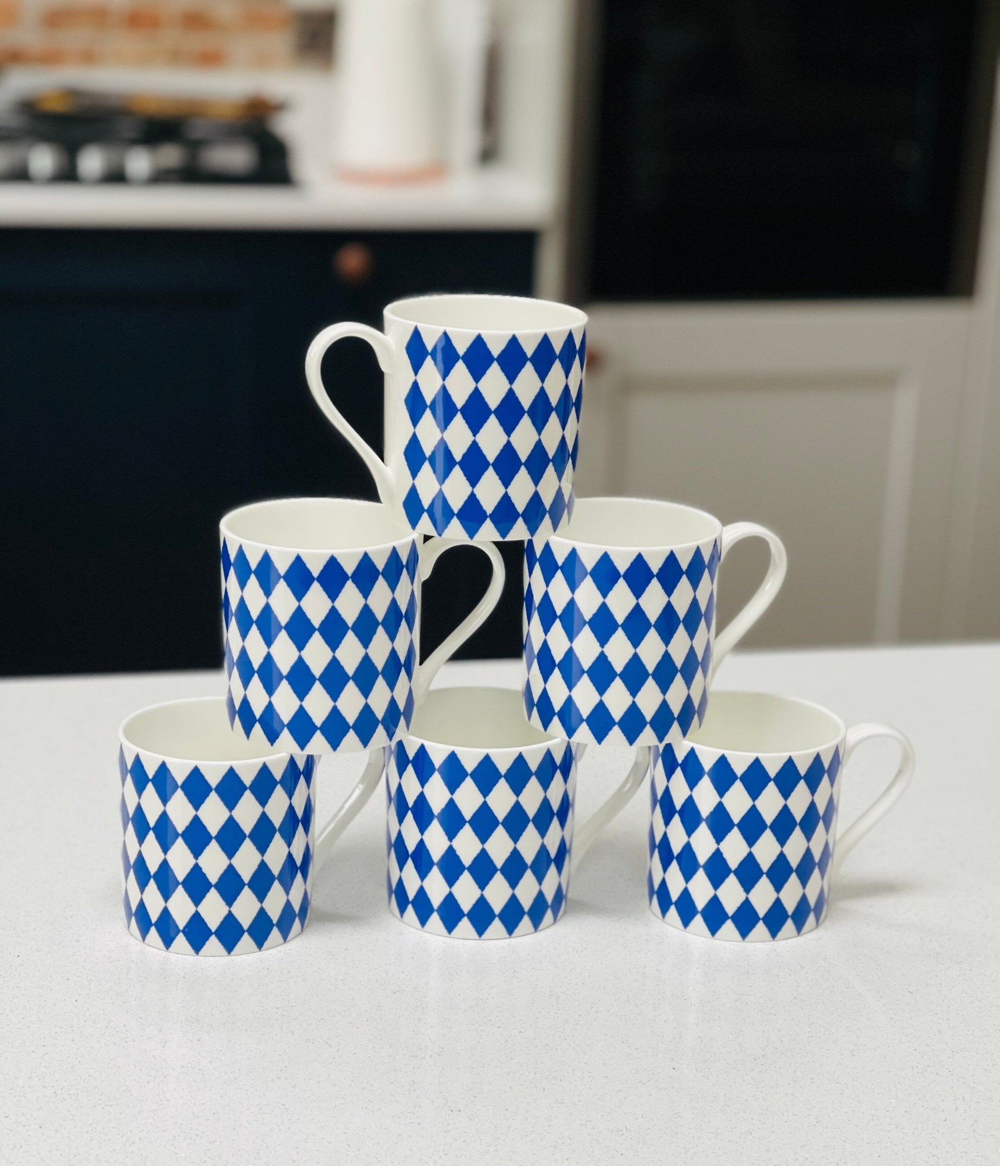 Set of 6 Fine Bone China Harlequin Wraparound Design Mugs In Blue