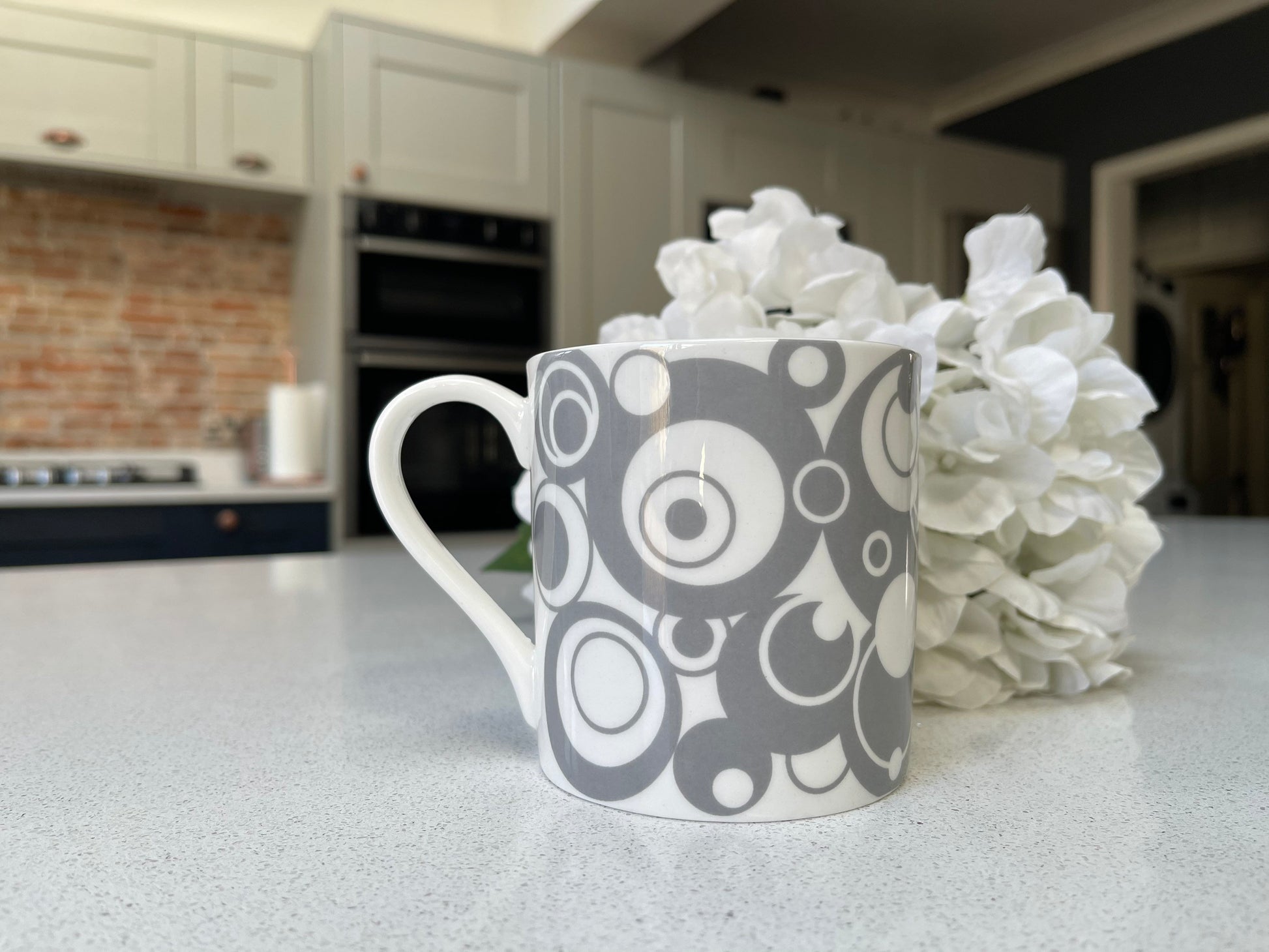 Set of 6 12oz Fine Bone China Grey Circles Mug Set