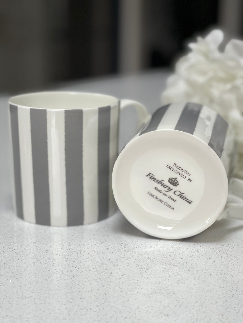 Set of 6 Fine Bone China Vertical Stripe Grey Mugs