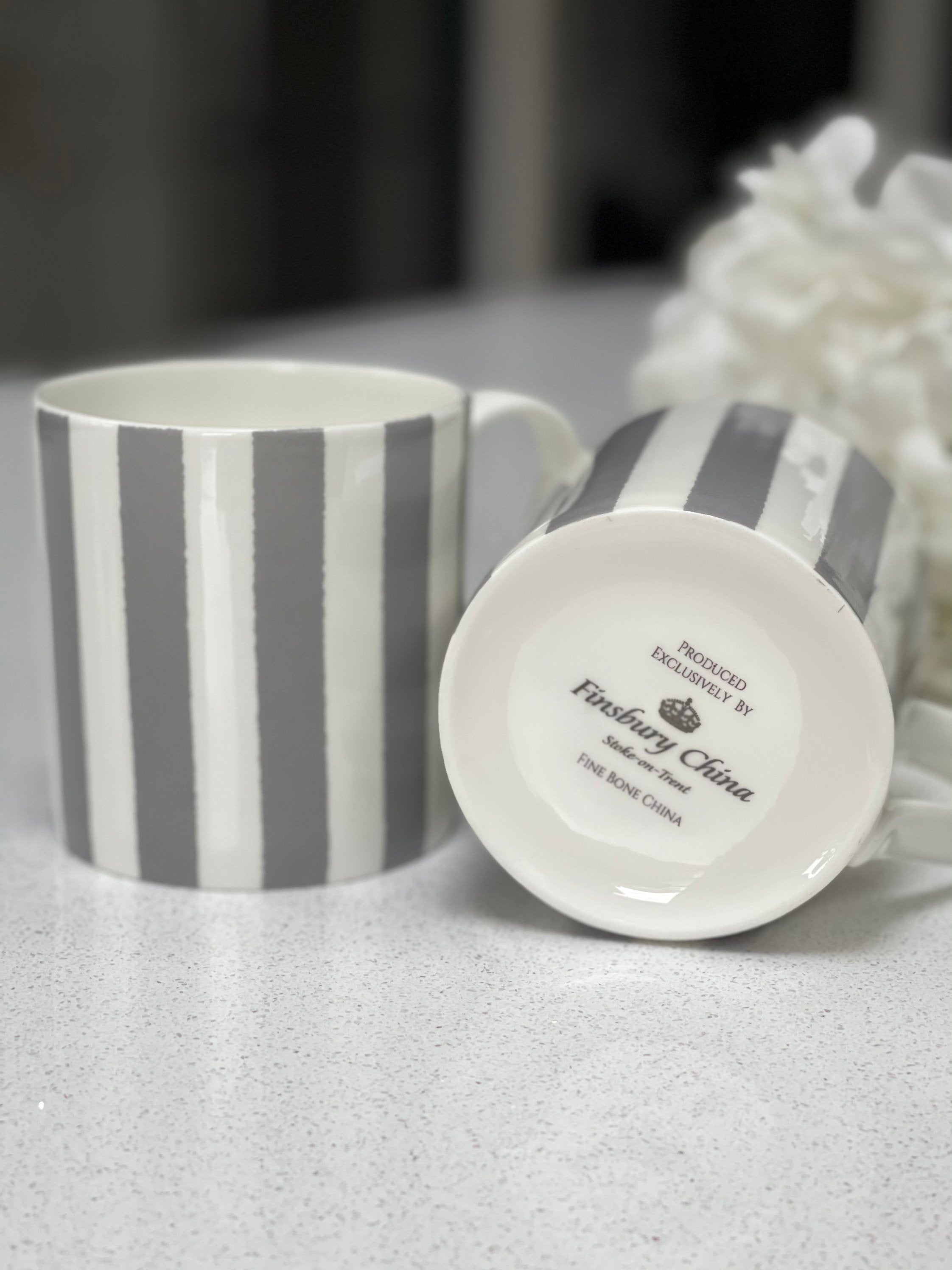 "Grey Vertical Stripes" 12oz Fine Bone China Mug