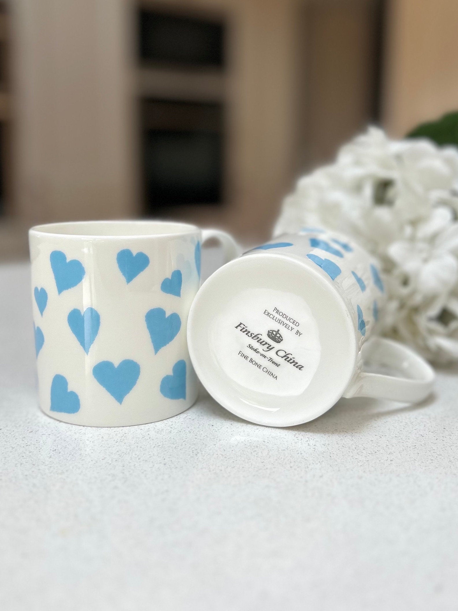 Set of 6 12oz Fine Bone China Blue Heart Mug Set