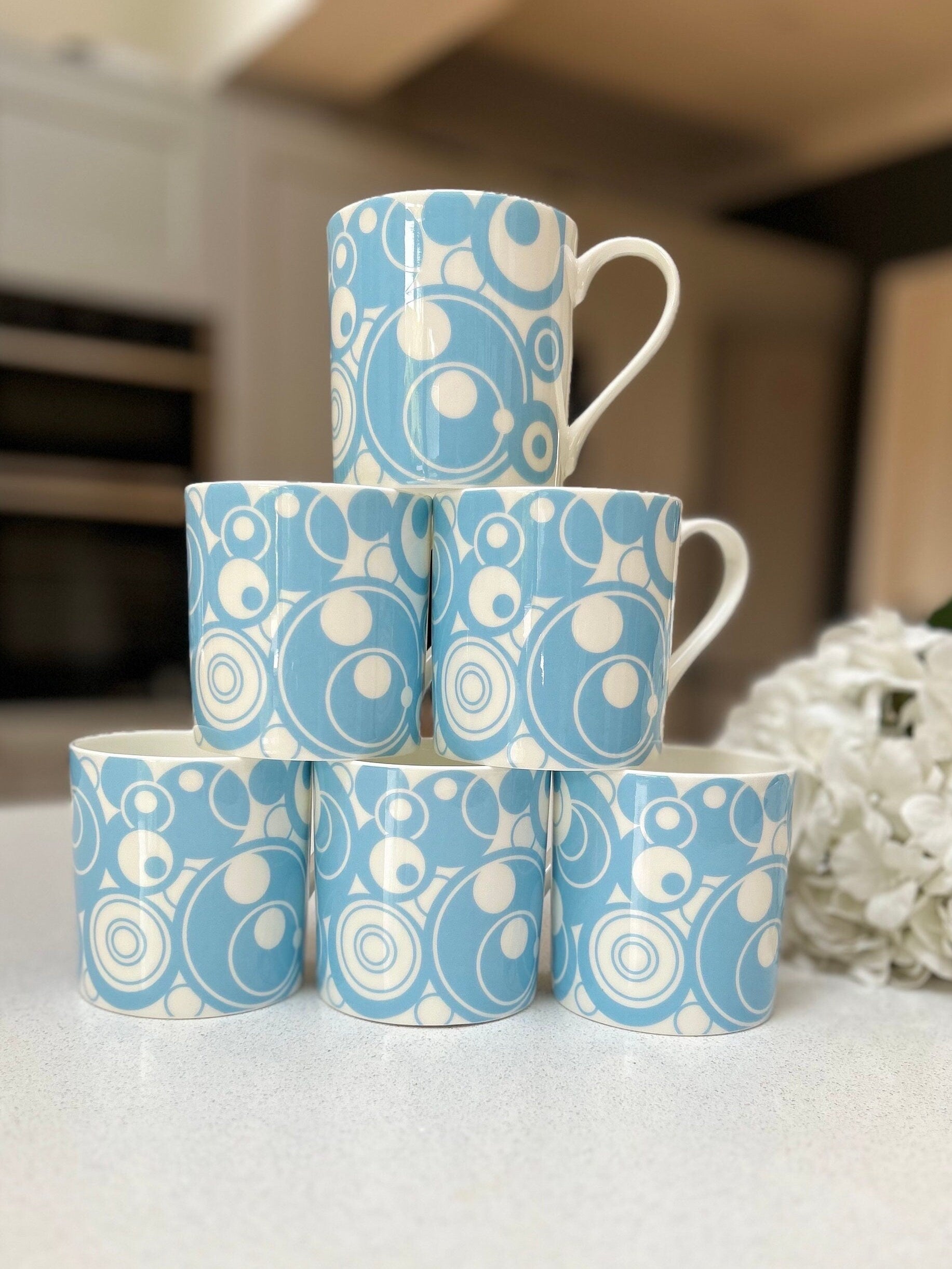 Set of 6 12oz Fine Bone China Light Blue Circles Mug Set