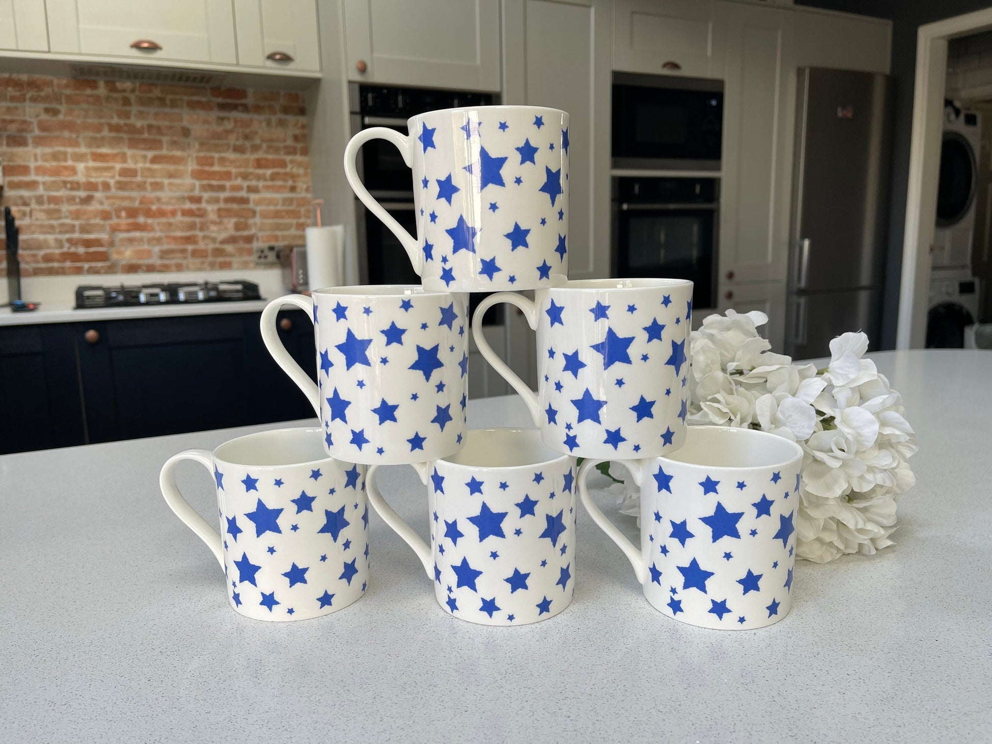 Set of 6 12oz Fine Bone China Blue Star Mug Set