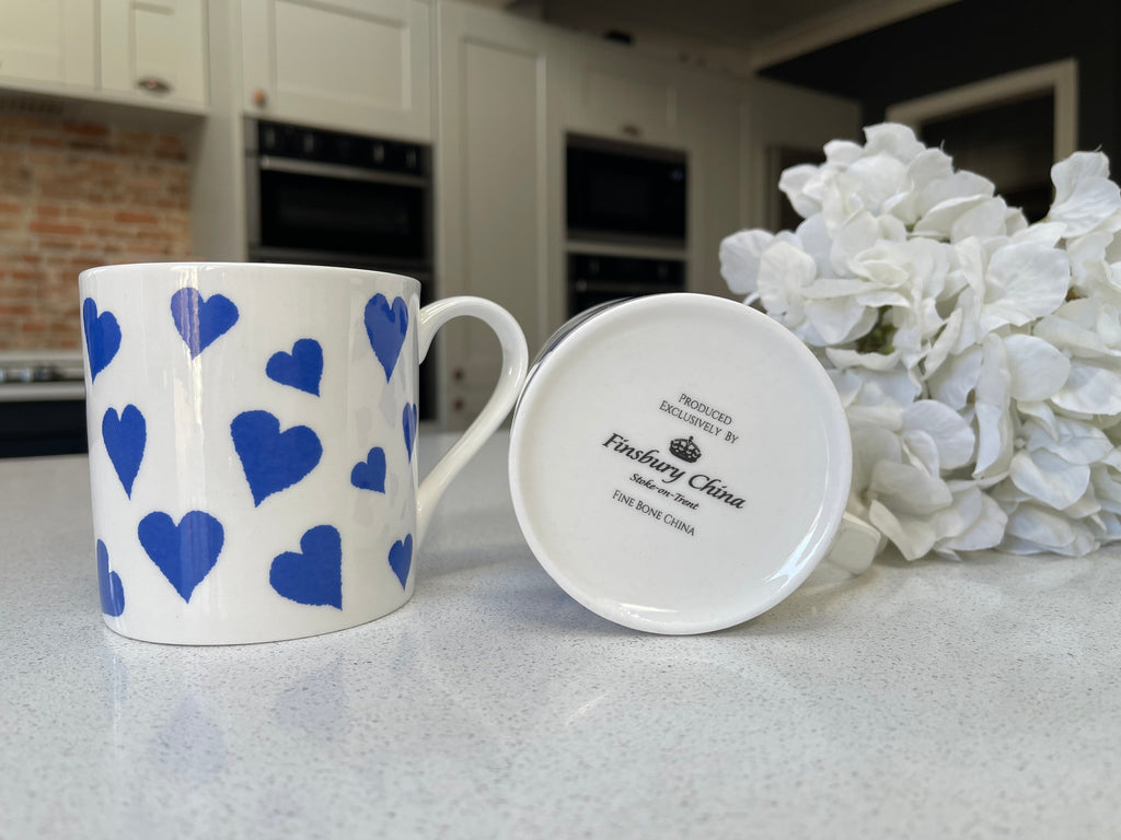 Set of 6 12oz Fine Bone China Blue Heart Mug Set