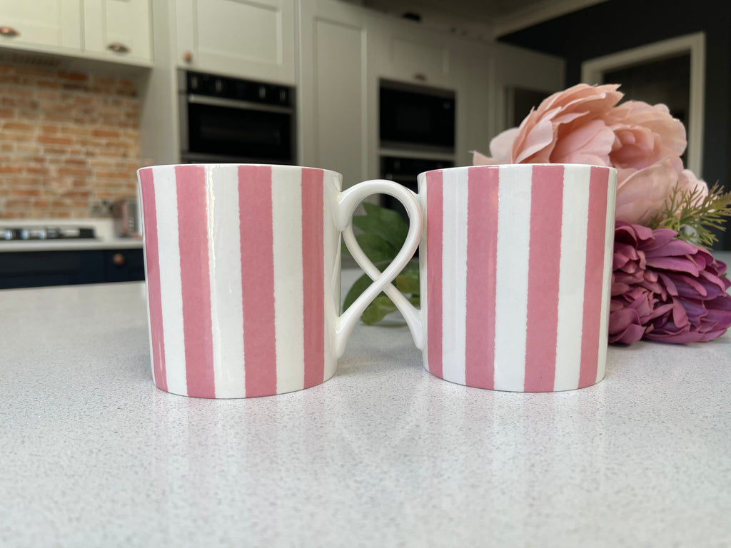 Set of 6 Fine Bone China Pink Vertical Stripe Mug Set
