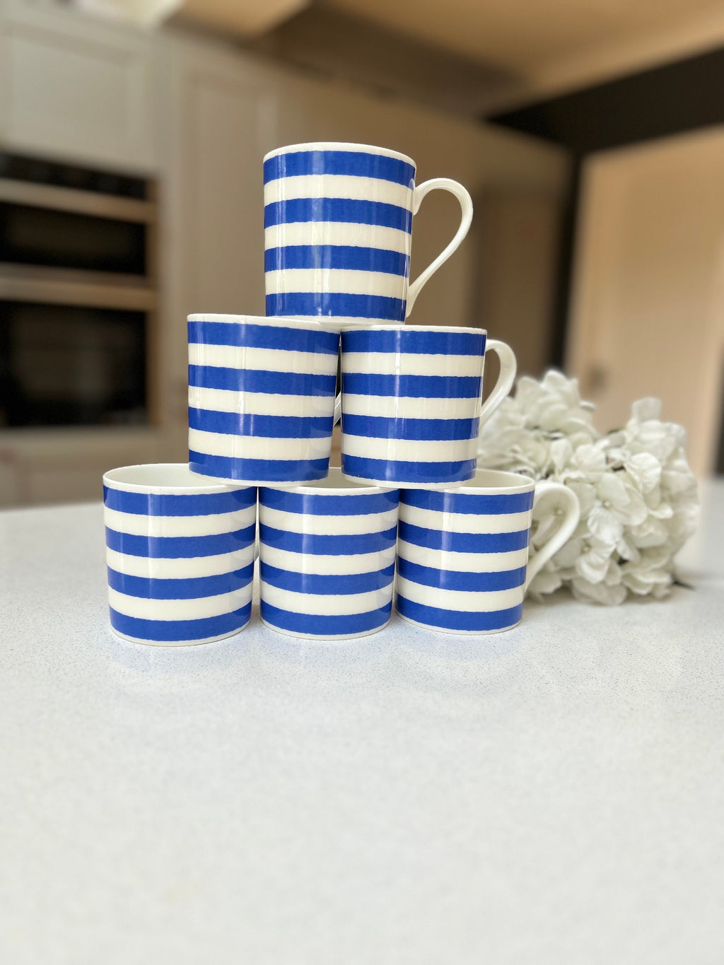 Horizontal Blue Stripe 6 Mug Set - 12oz Fine Bone China Cup