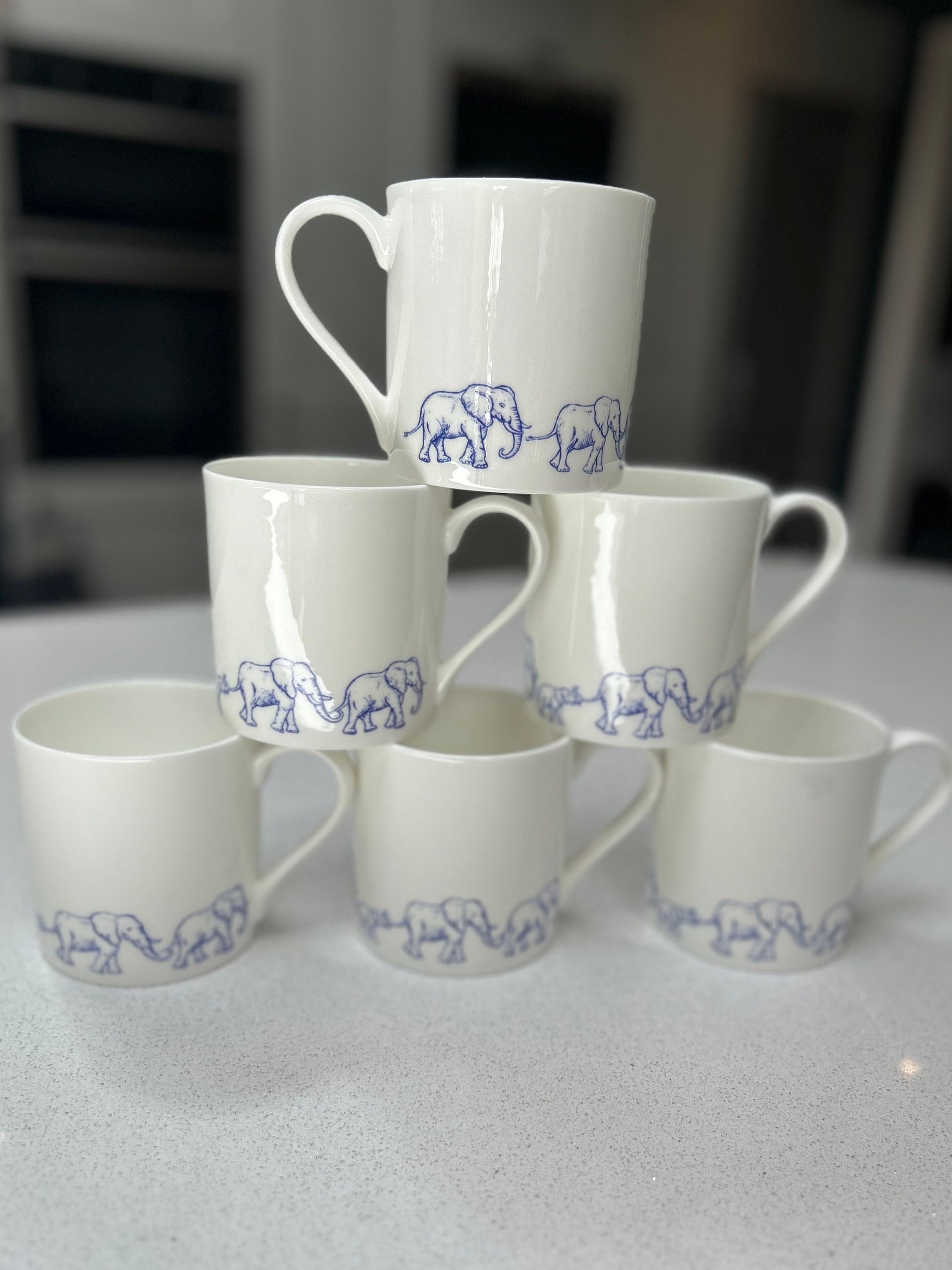 12oz Fine Bone China Elephant in blue 6 Mug Set