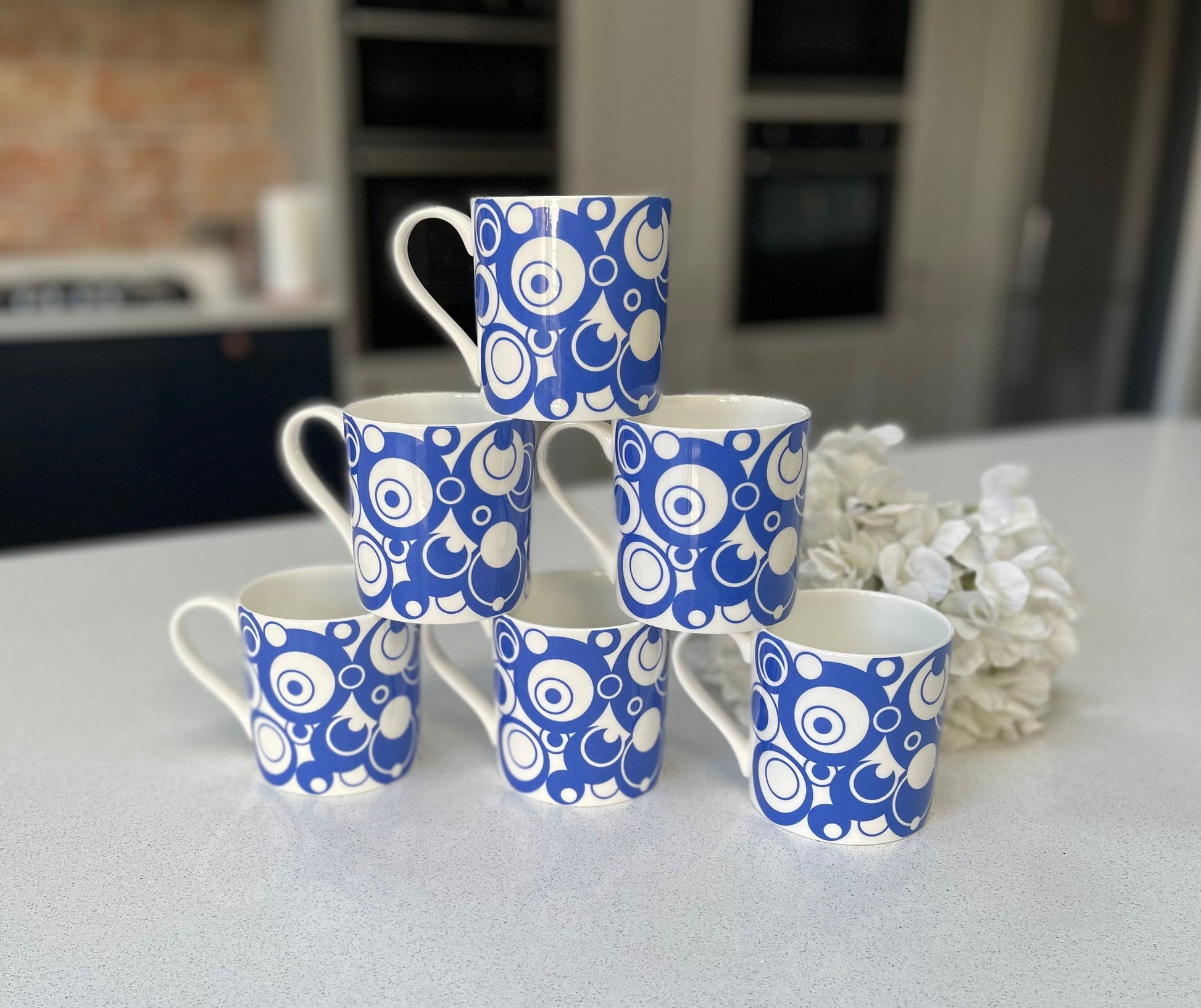 Set of 6 12oz Fine Bone China Blue Circles Mug Set
