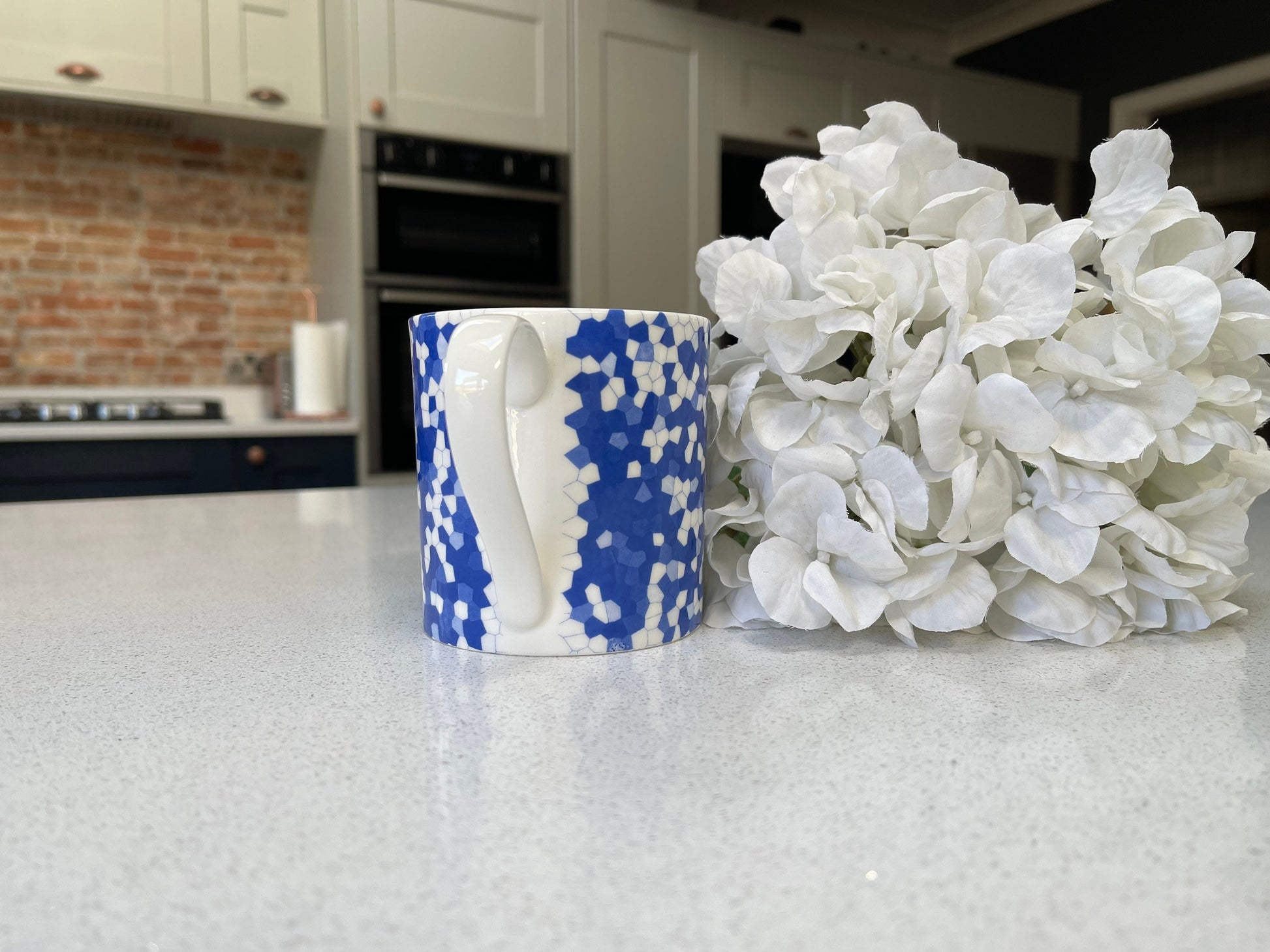 Set of 6 12oz Fine Bone China Mug Set in a Blue Honeycomb Design